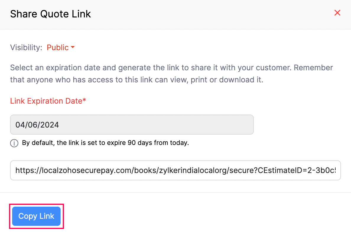 Copy Link Button in Zoho Books to Copy Public Link