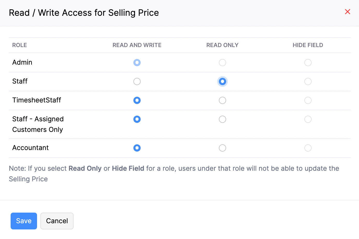 Read-Write Access Configuration for Item Selling Price Field in Zoho Books