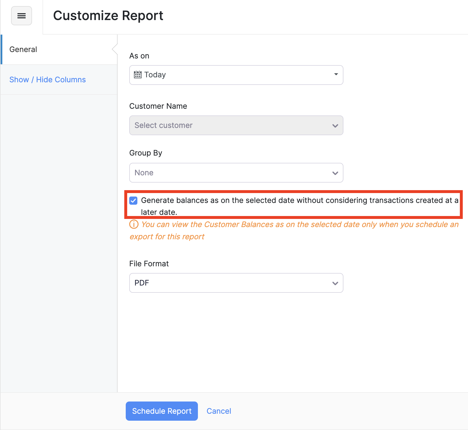 Generate reports as on selected date