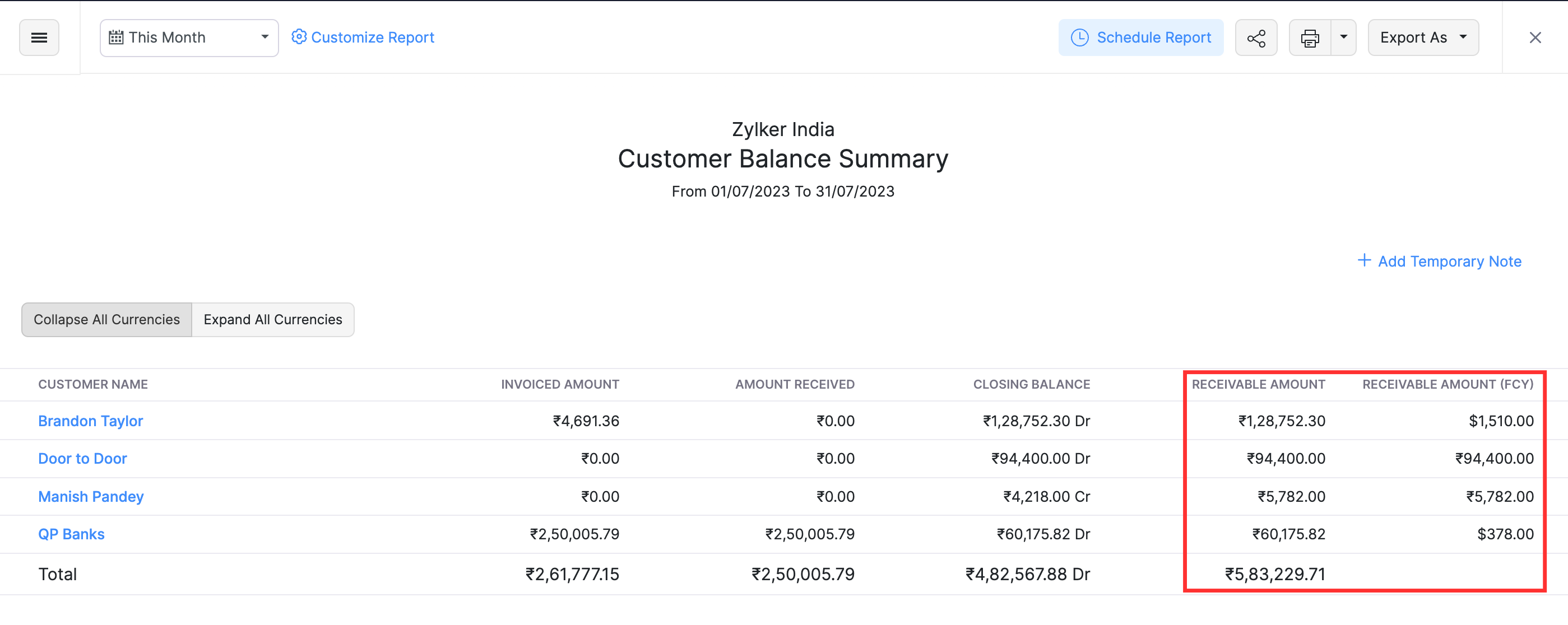 Receivable Amount column