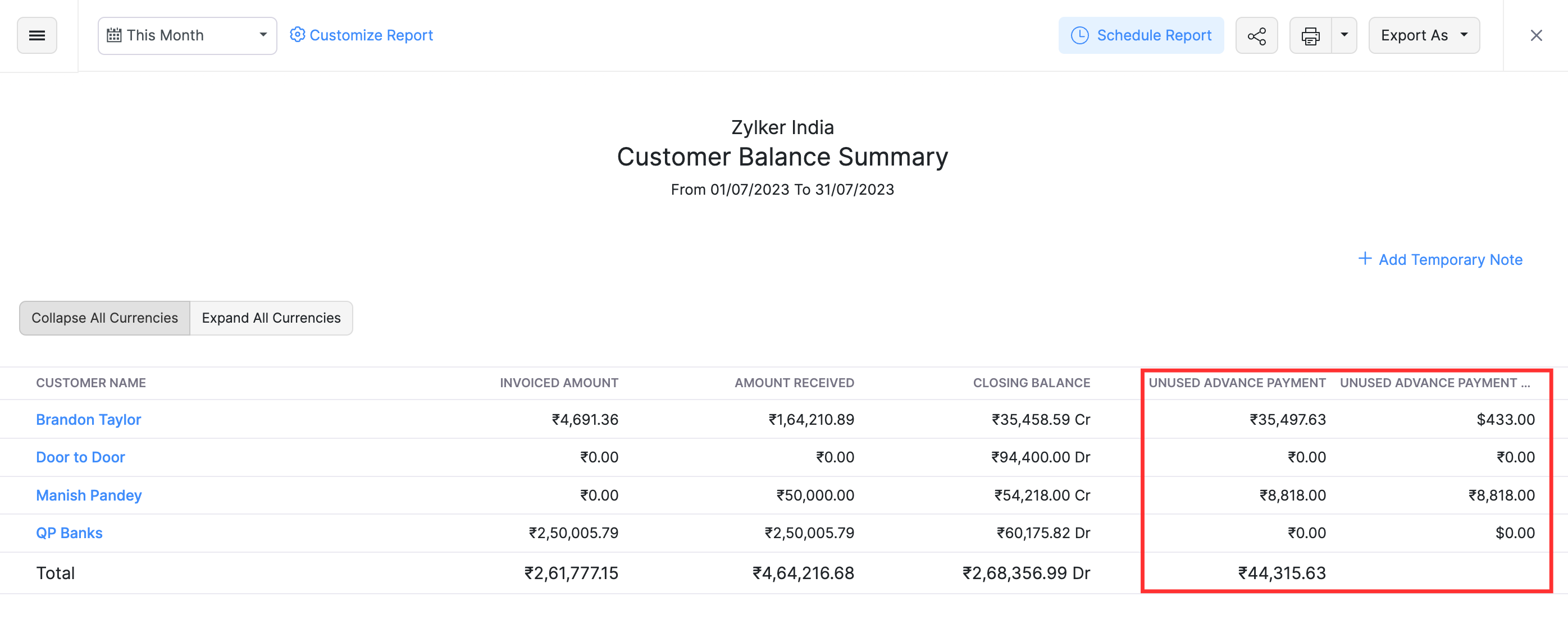 Unused Advance Payment column