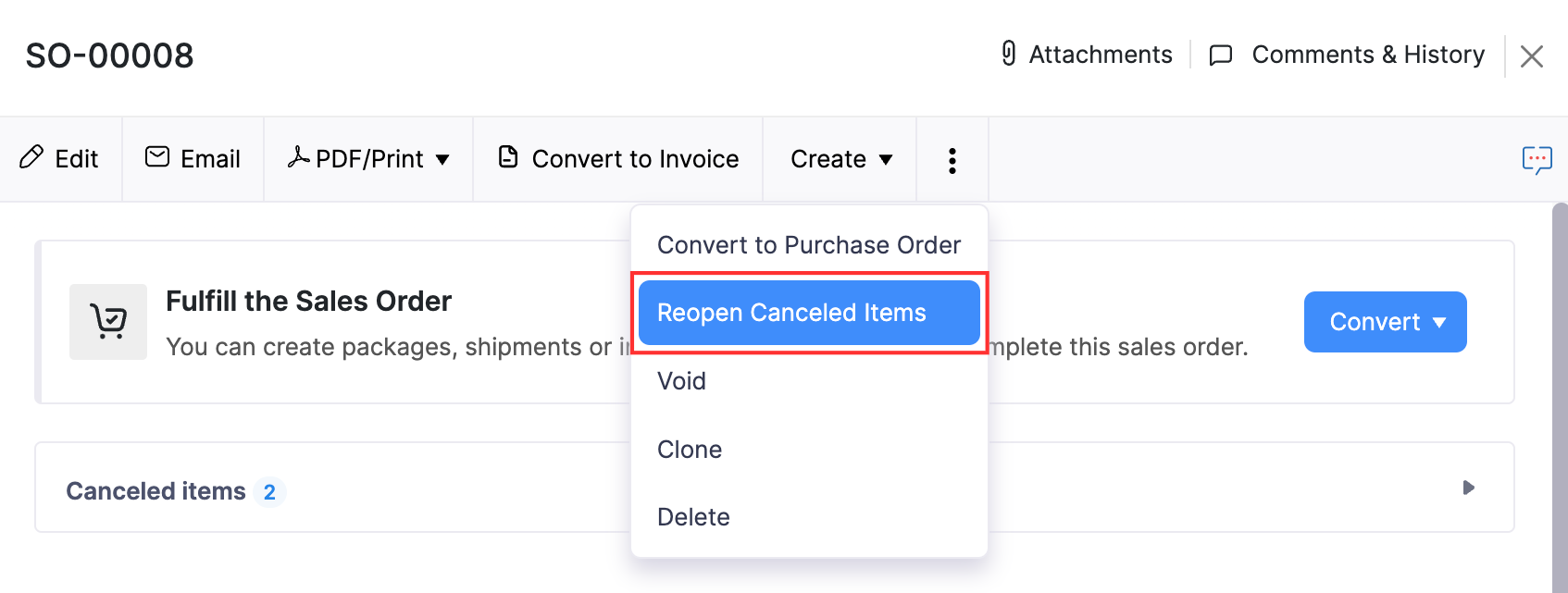 Click Reopen Canceled Items