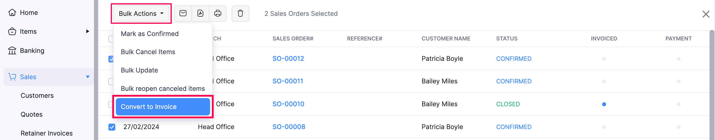 Bulk Action option to bulk-convert multiple sales orders into a single invoice in Zoho Books