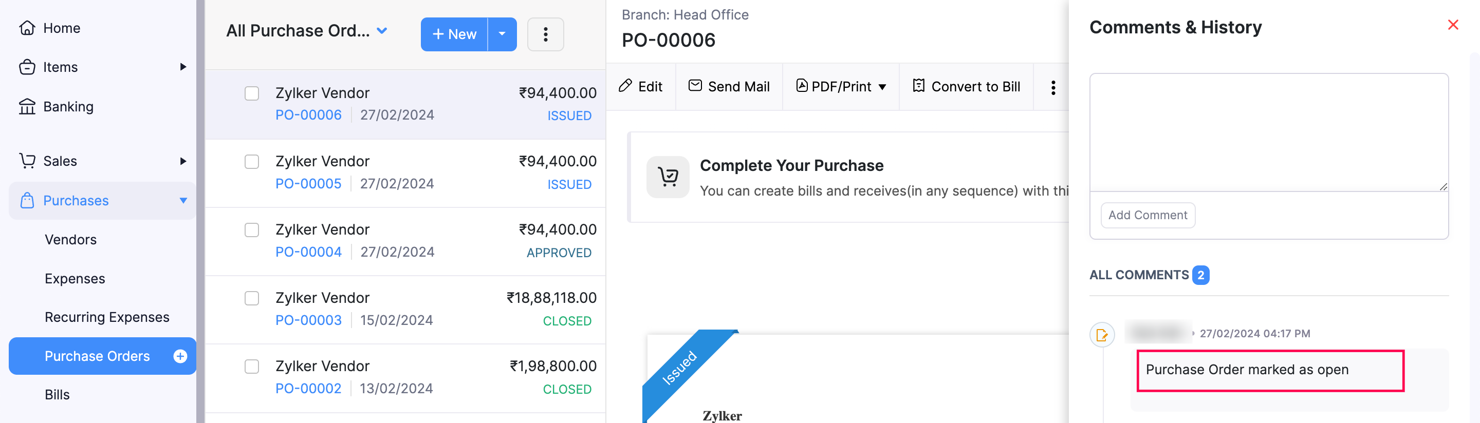 Comments & History section in a purchase order in Zoho Books