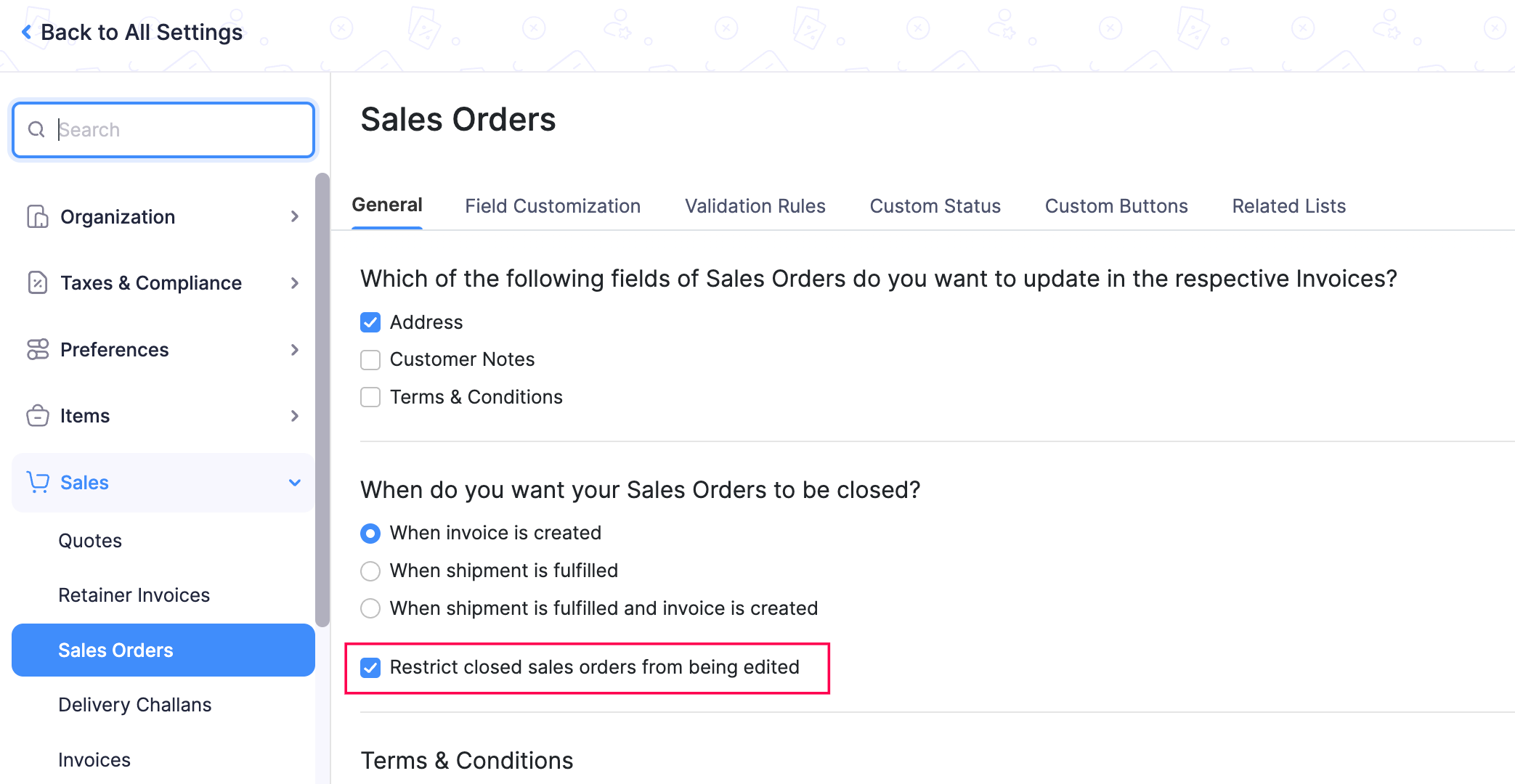 Restrict users from editing a closed sales order in Zoho Books