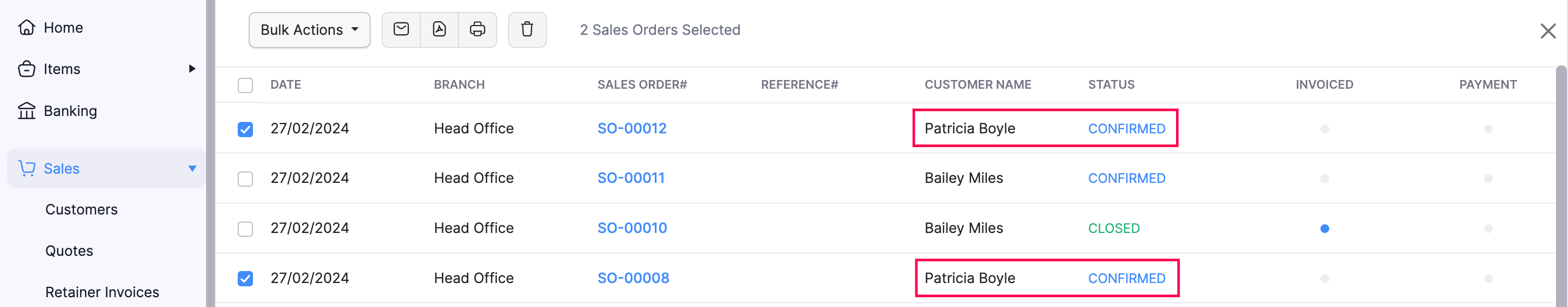 Multi-select multiple sales orders to convert into a single invoice in Zoho Books