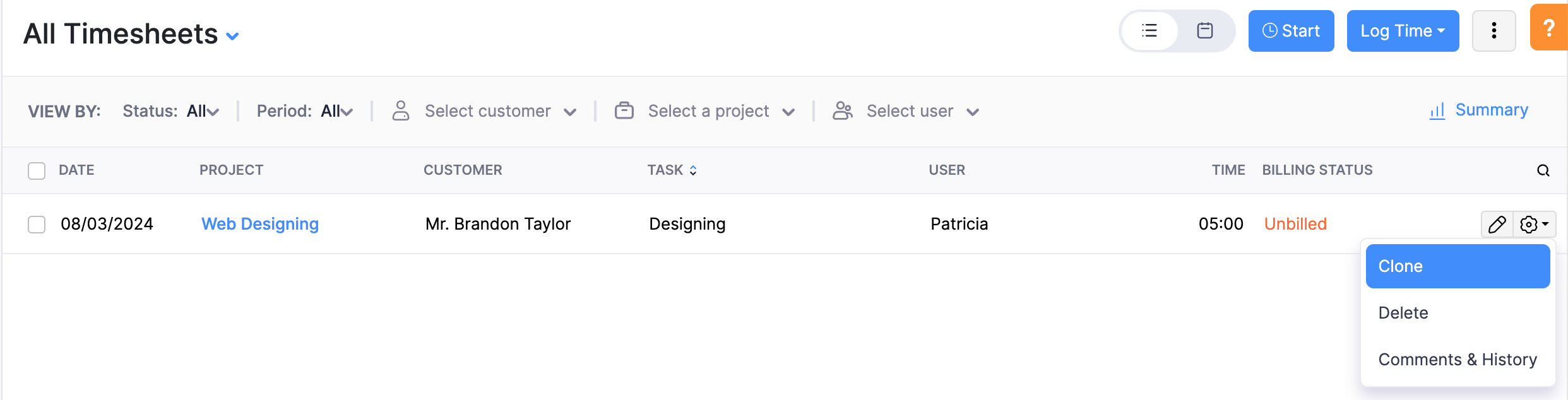 Cloning a timesheet entry