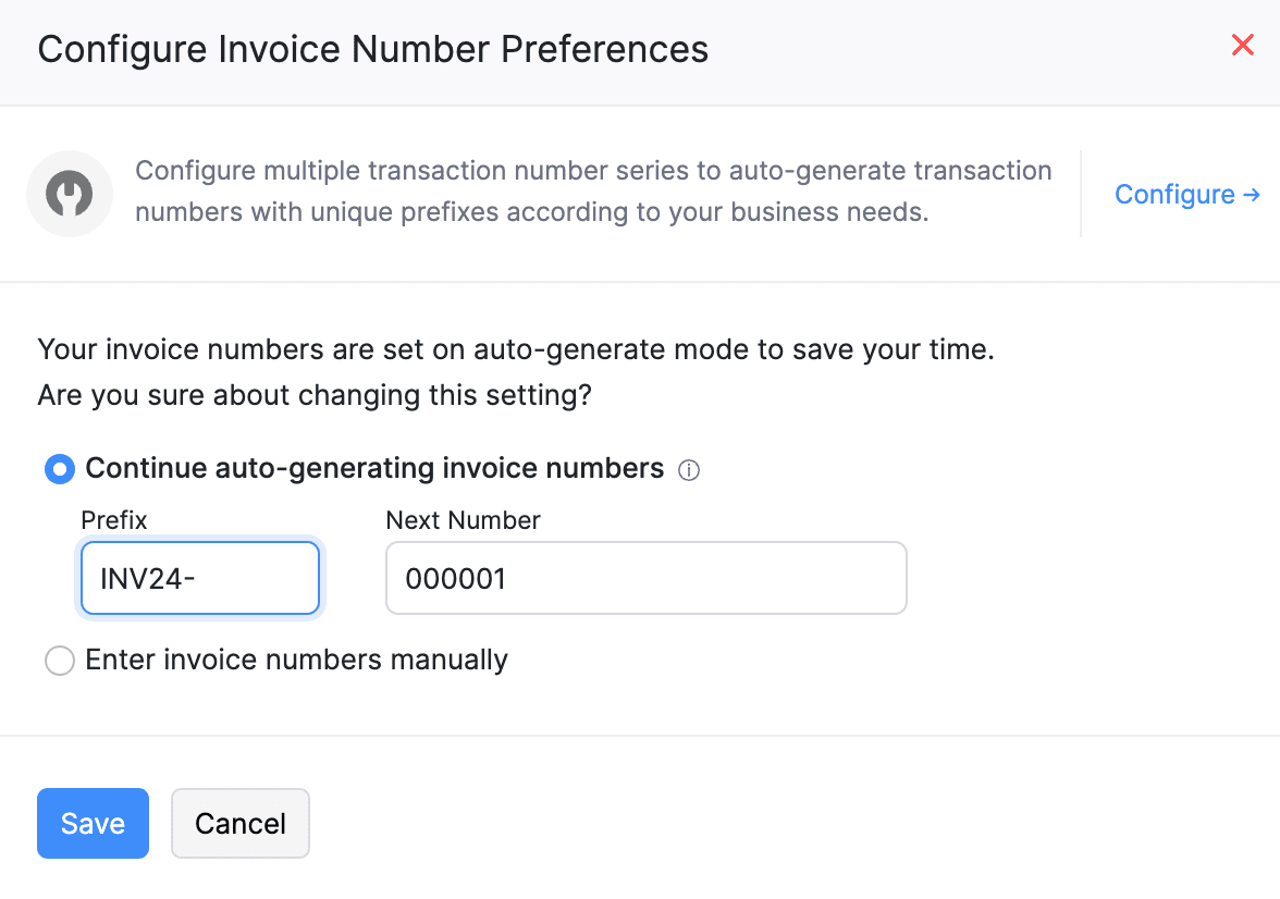 Configure Invoice Preferences Pop-up