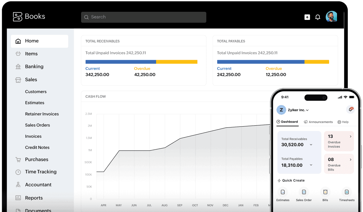 Zoho Books dashboard with mobile app