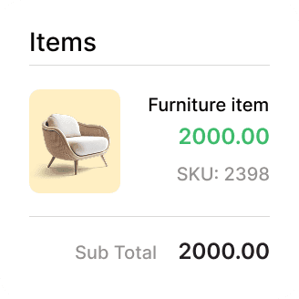 Transaction details of a furniture item and billing details.
