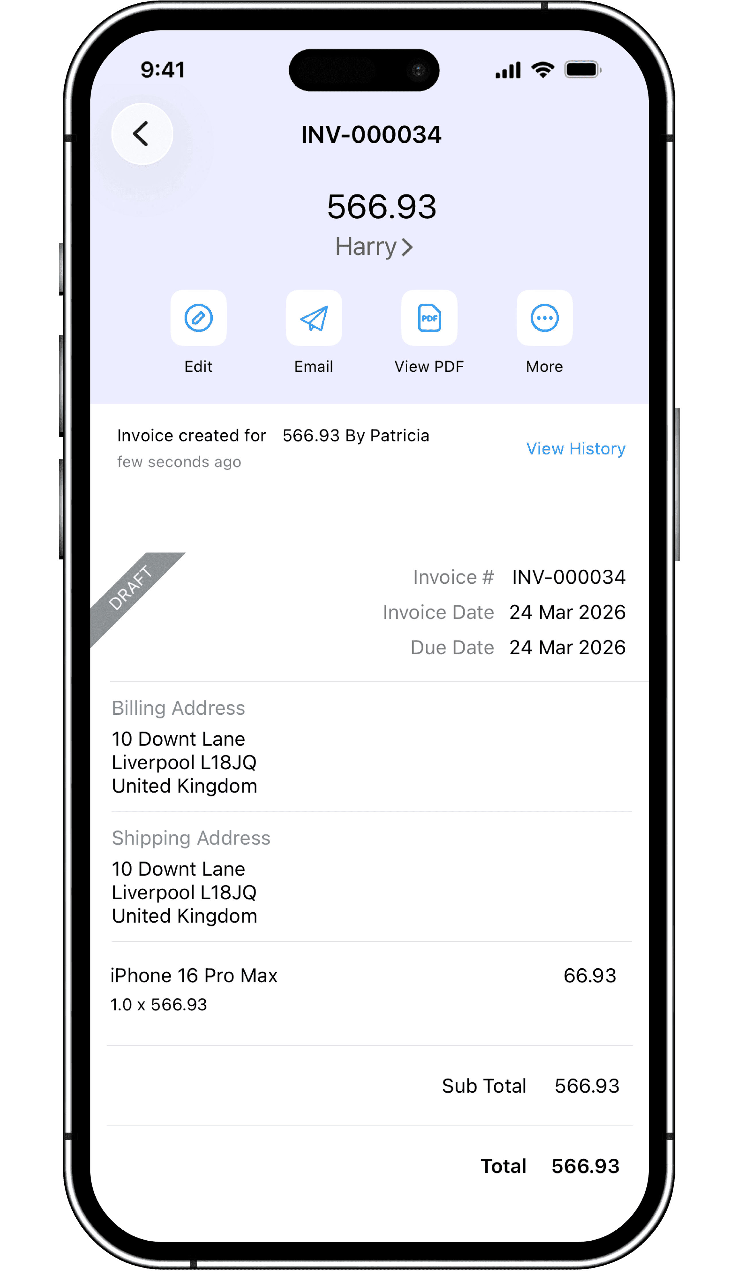 Invoice dashboard with invoice creation example