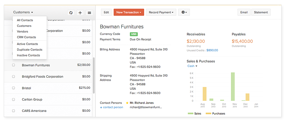 Contact overview in accounting software