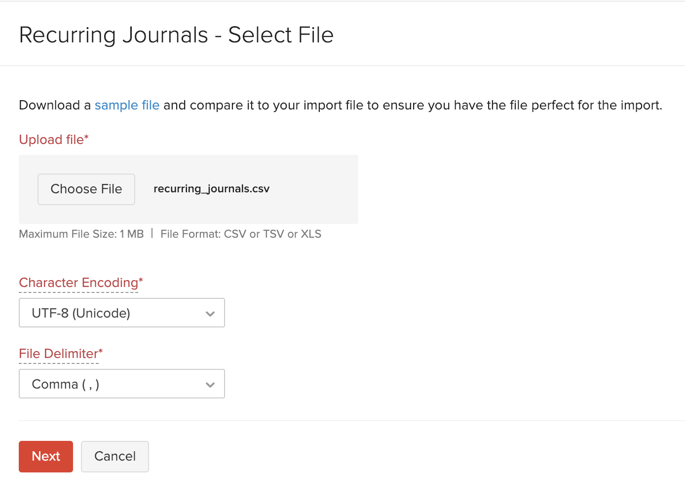 Import Recurring Journals - Choose File