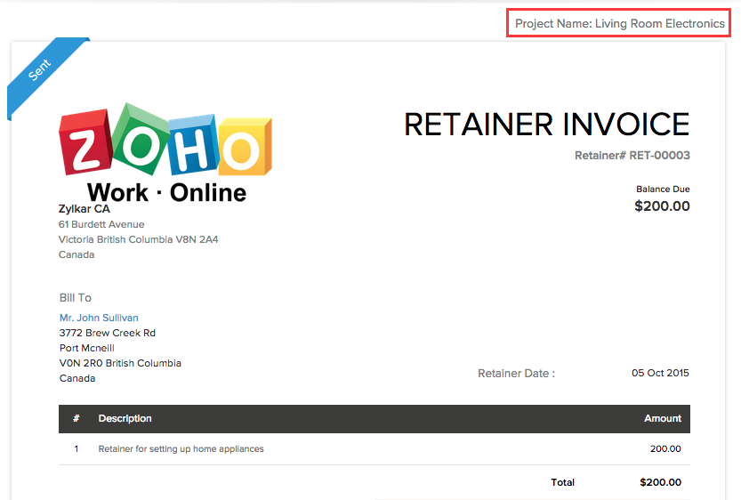 Retainer Invoice in Project