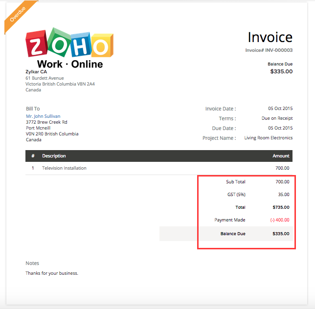 Invoice for Project