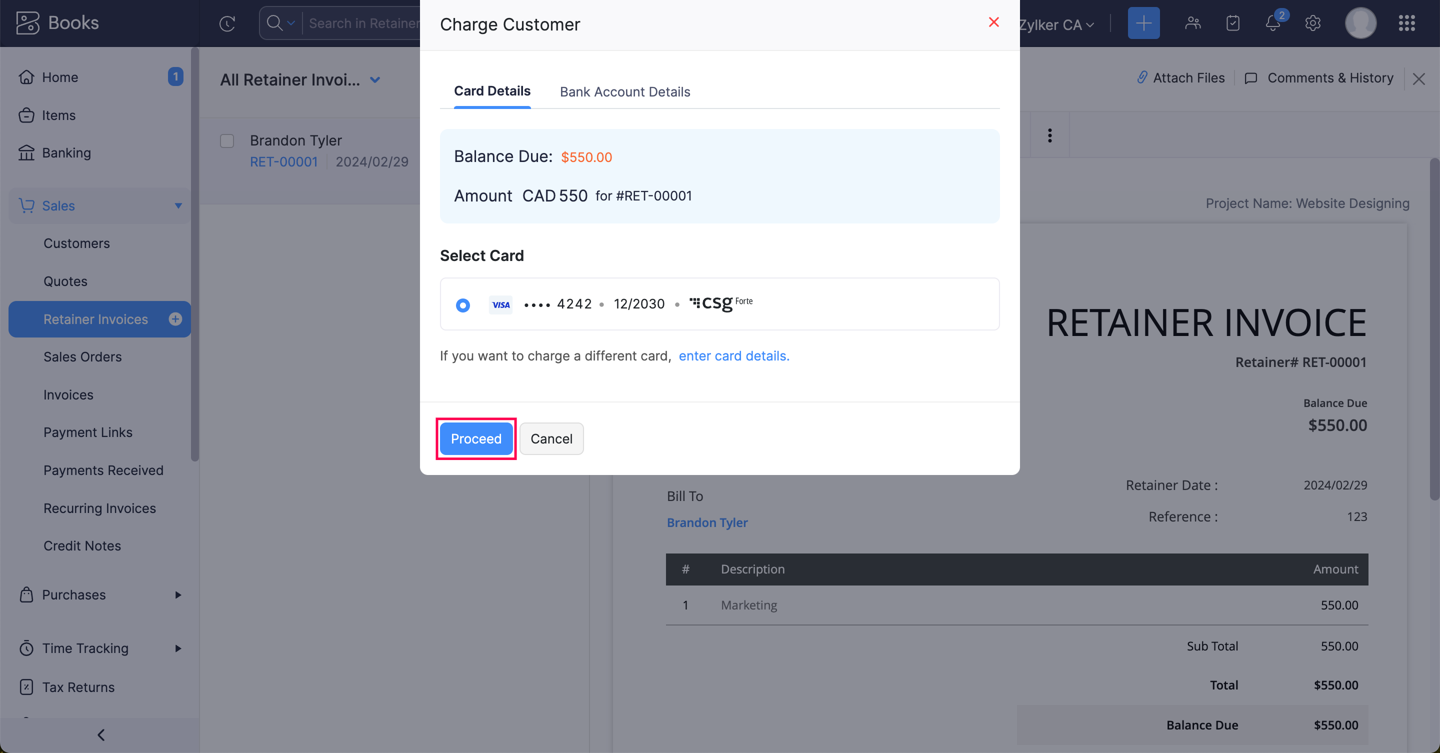 Charge customer for retainer invoices in Zoho Books