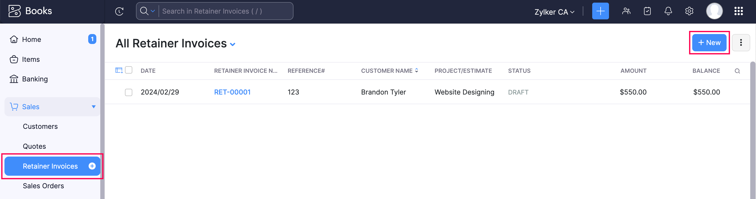 Create a new retainer invoice in Zoho Books