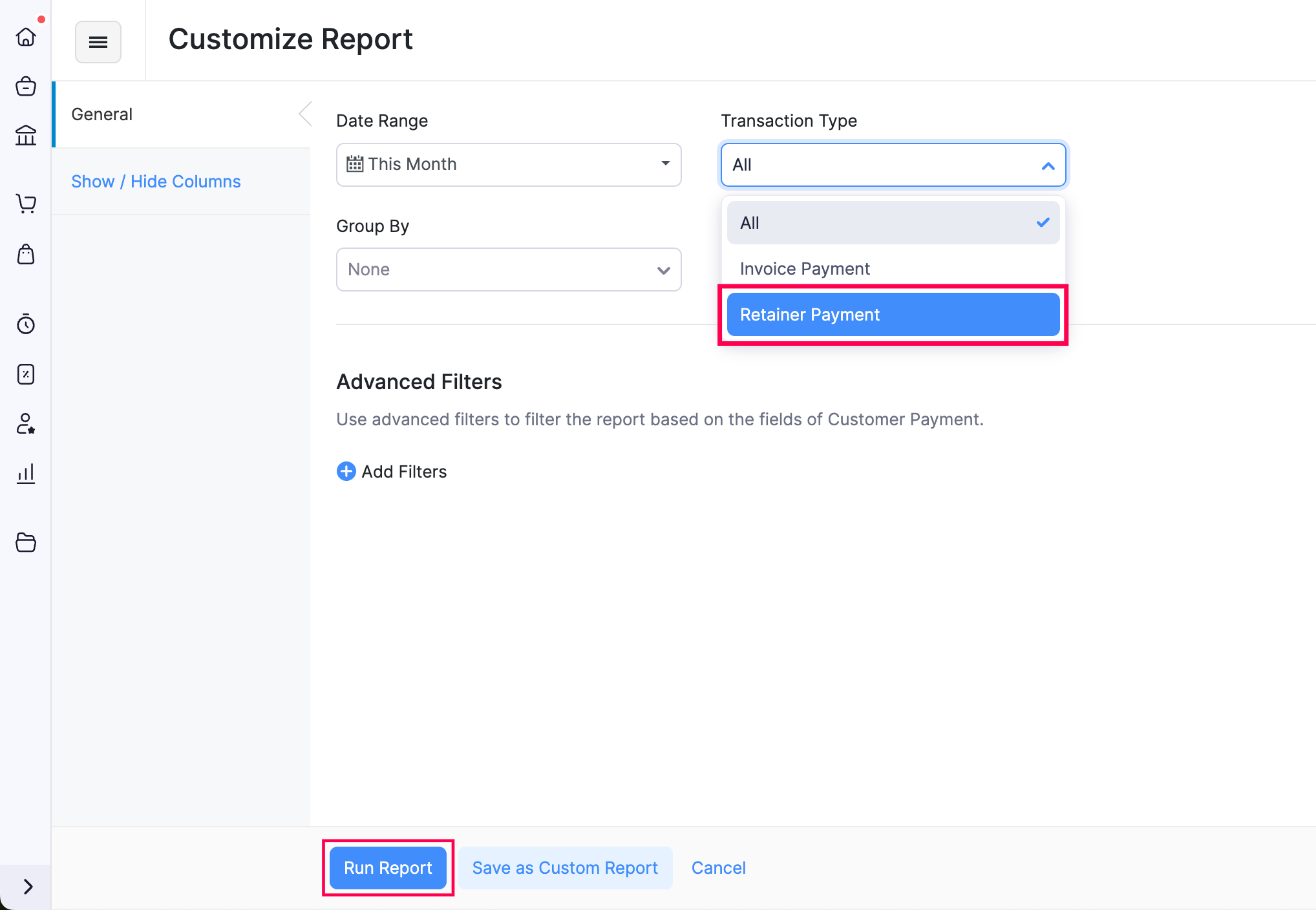 Payments Received report for retainer invoices in Zoho Books