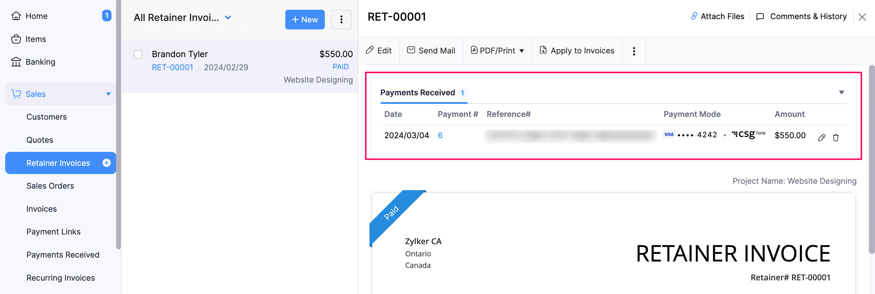 Payments Received section within a retainer invoice in Zoho Books