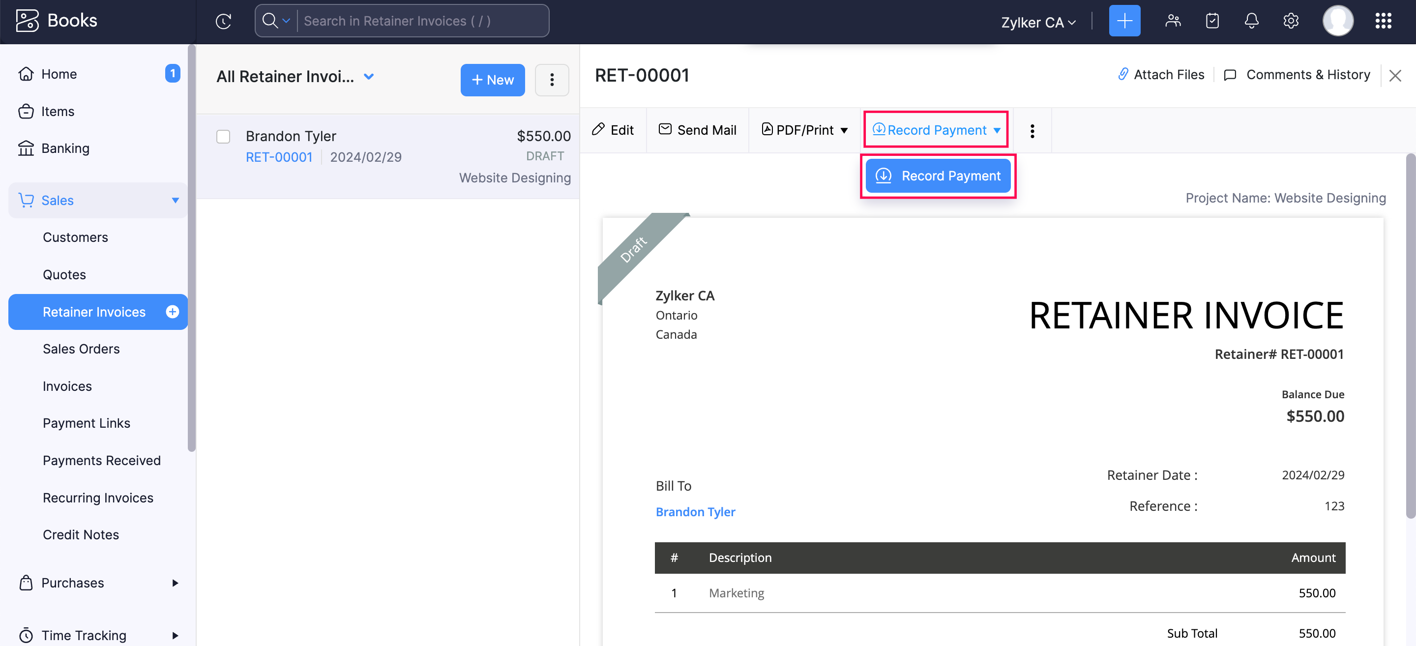 Record Payment button in retainer invoices in Zoho Books