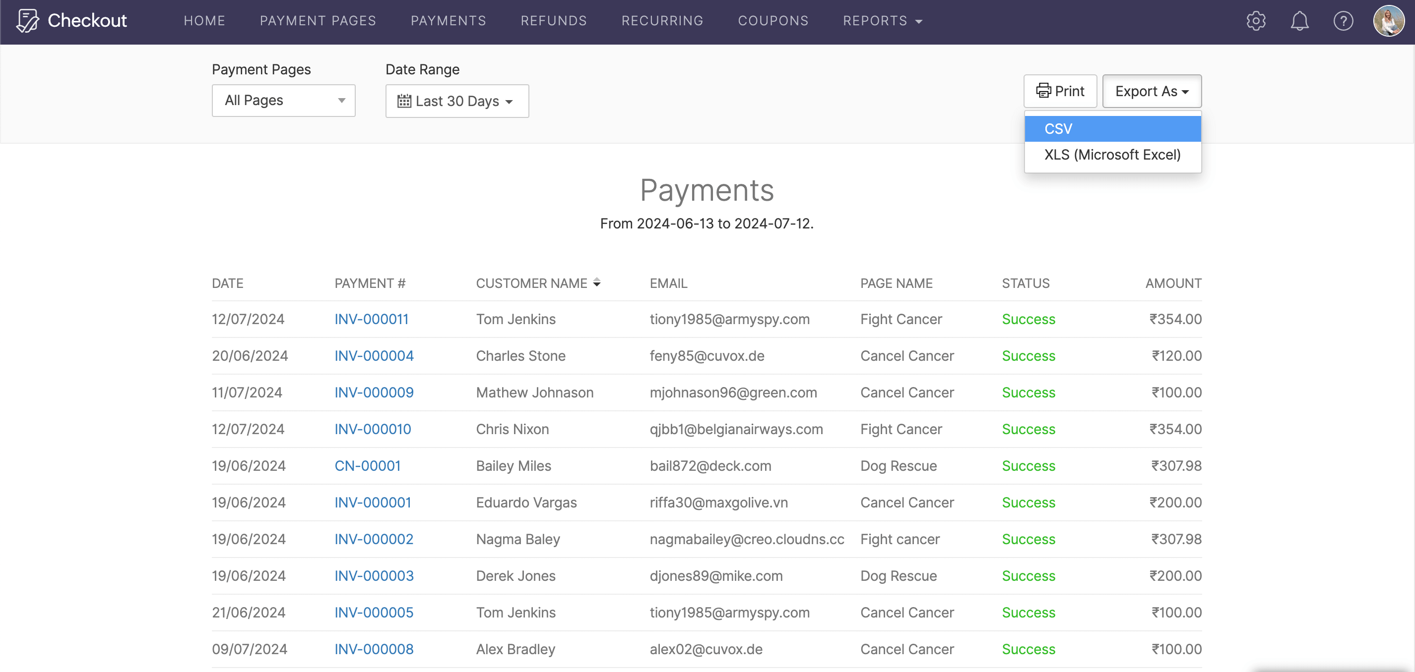 Payment report export