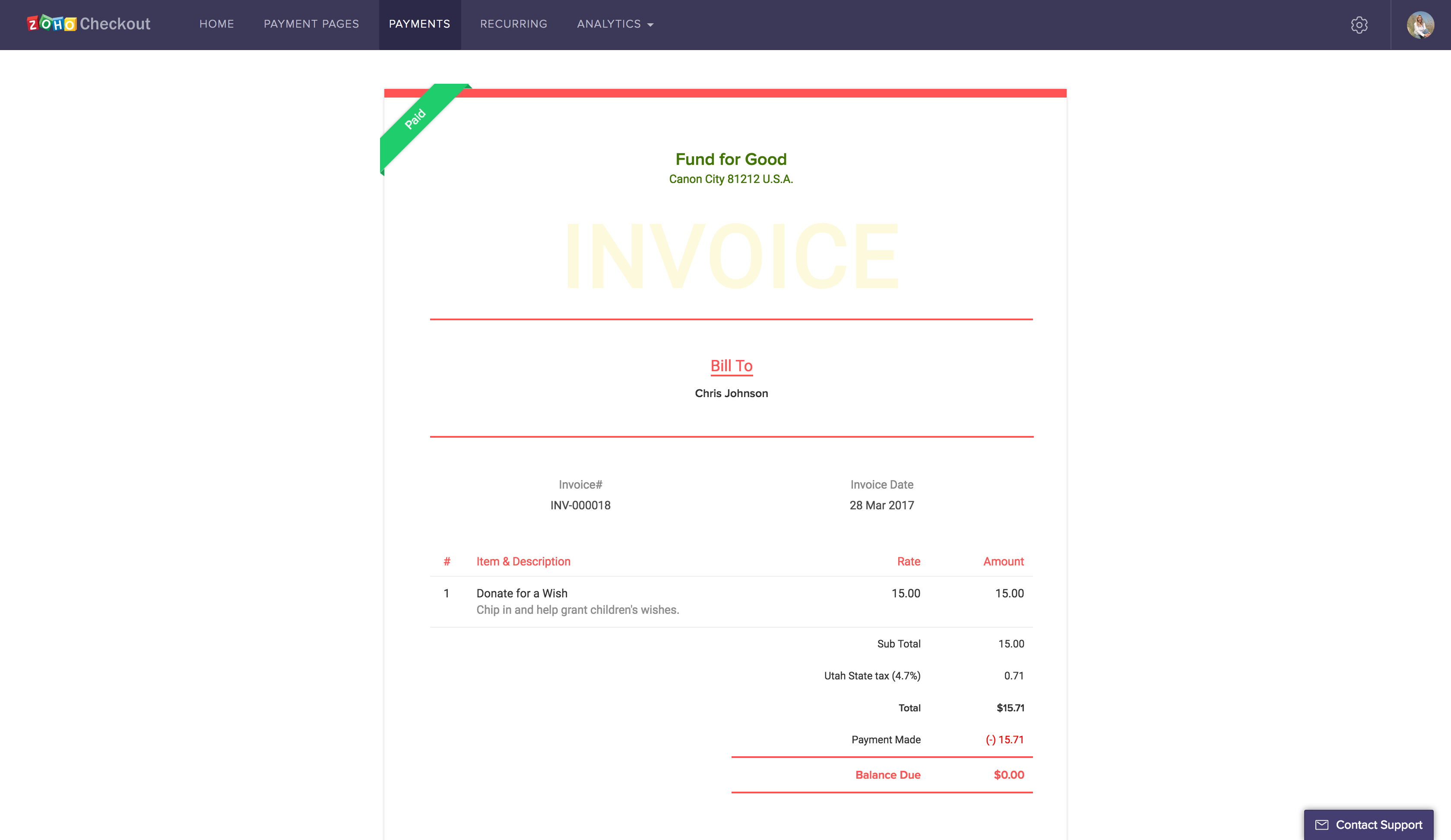 Zoho Checkout invoice information