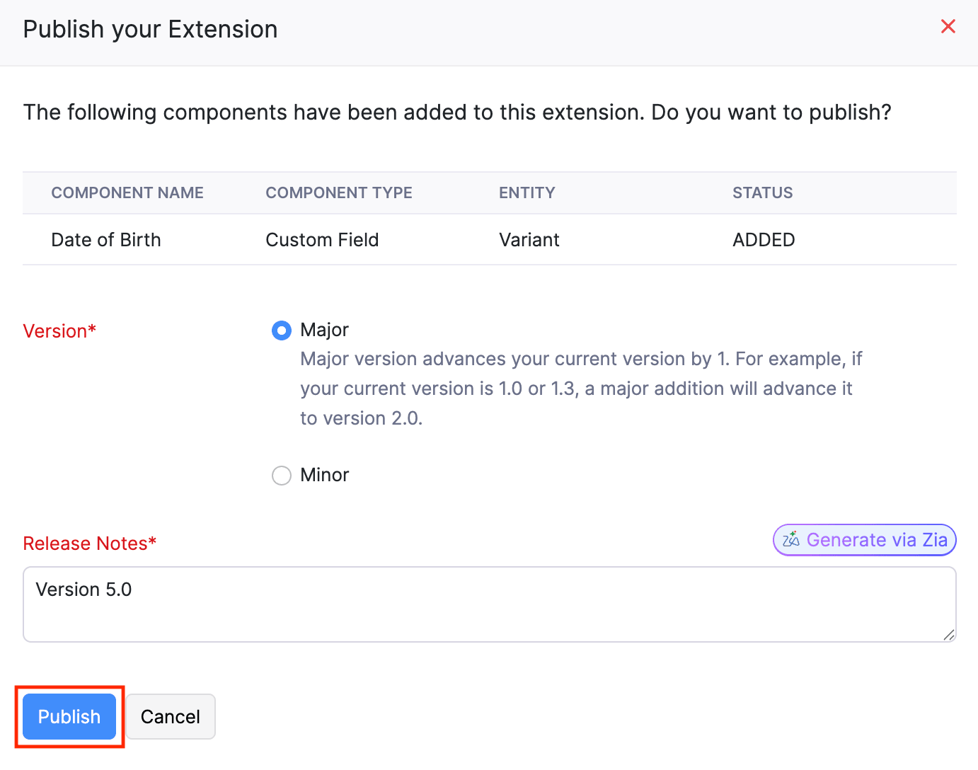 Publish Your Extension pop up