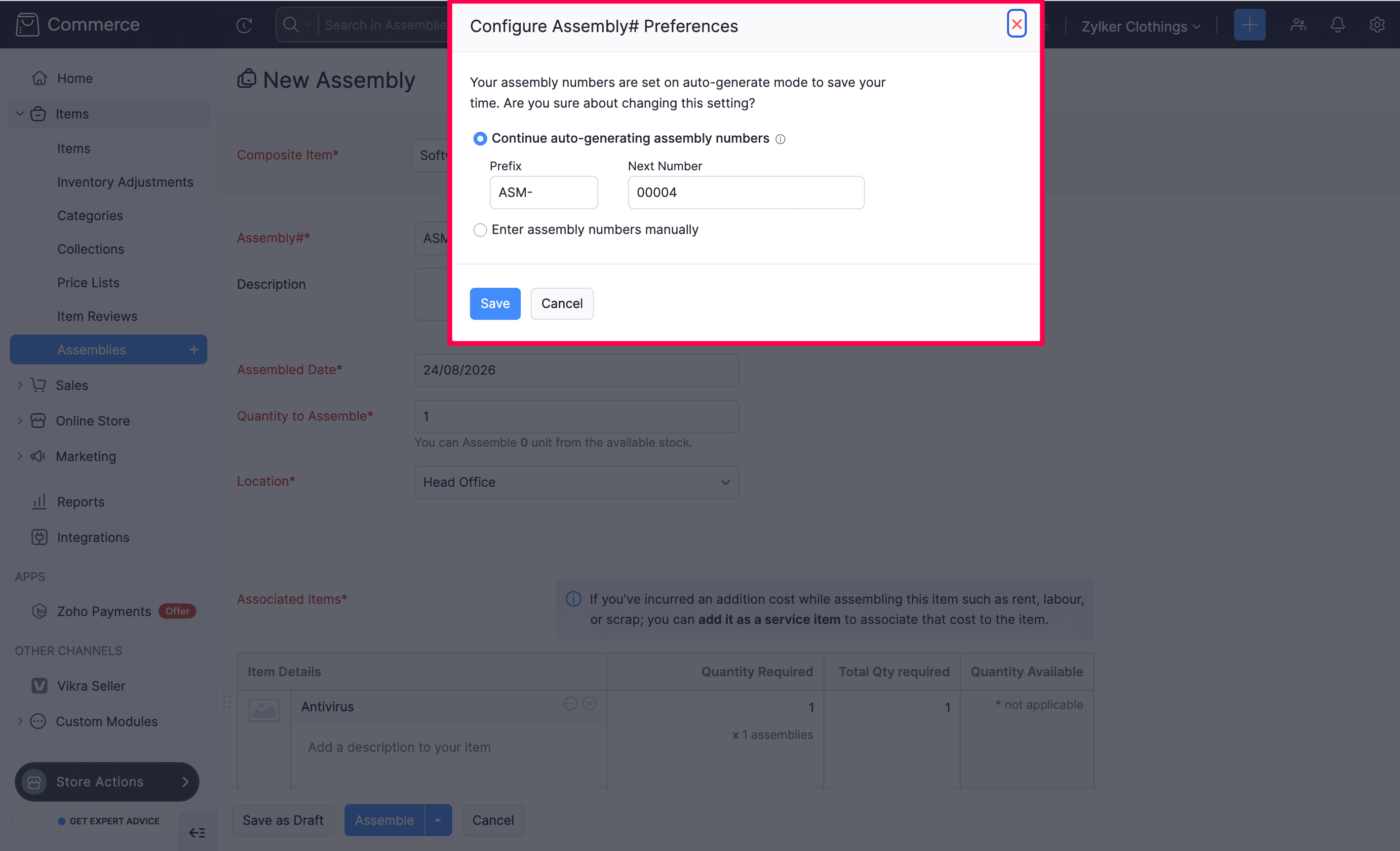 Assembly number preference