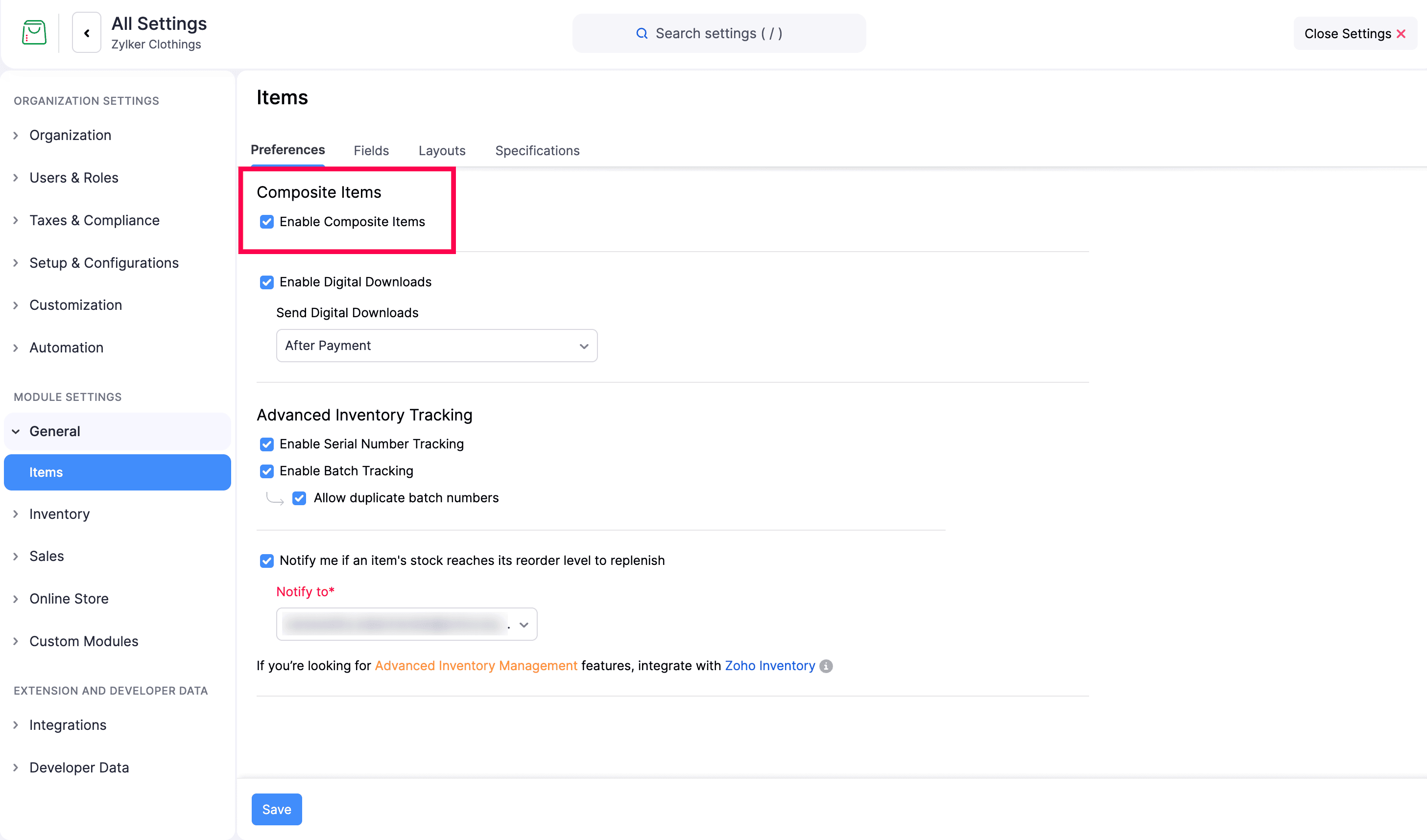 Enable Composite Item