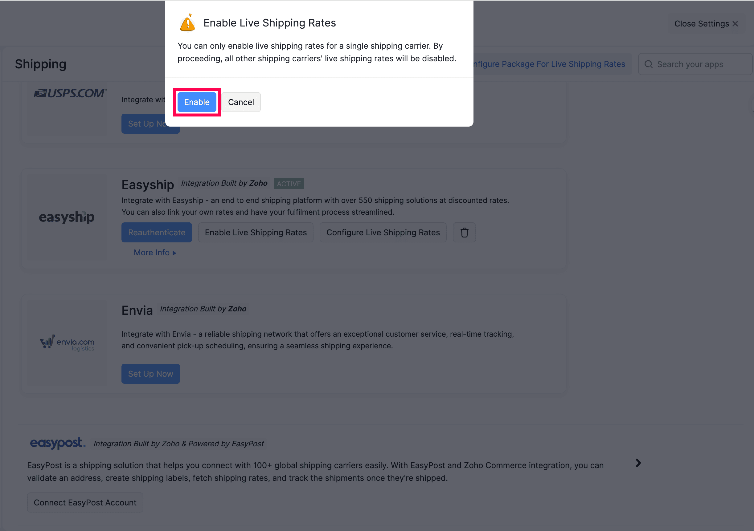 Enable Live Shipping Rates