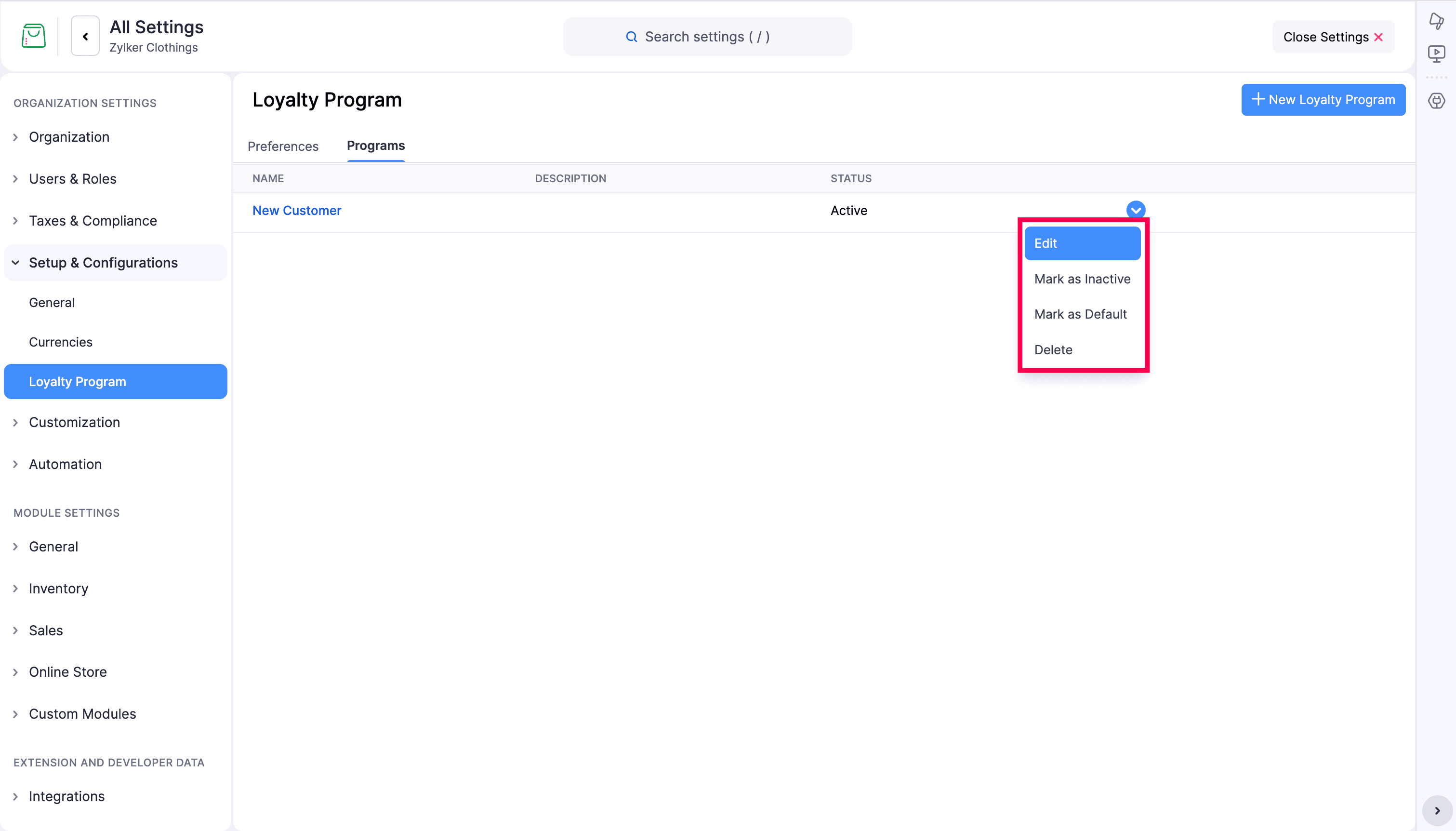Loyalty Program More Options tab