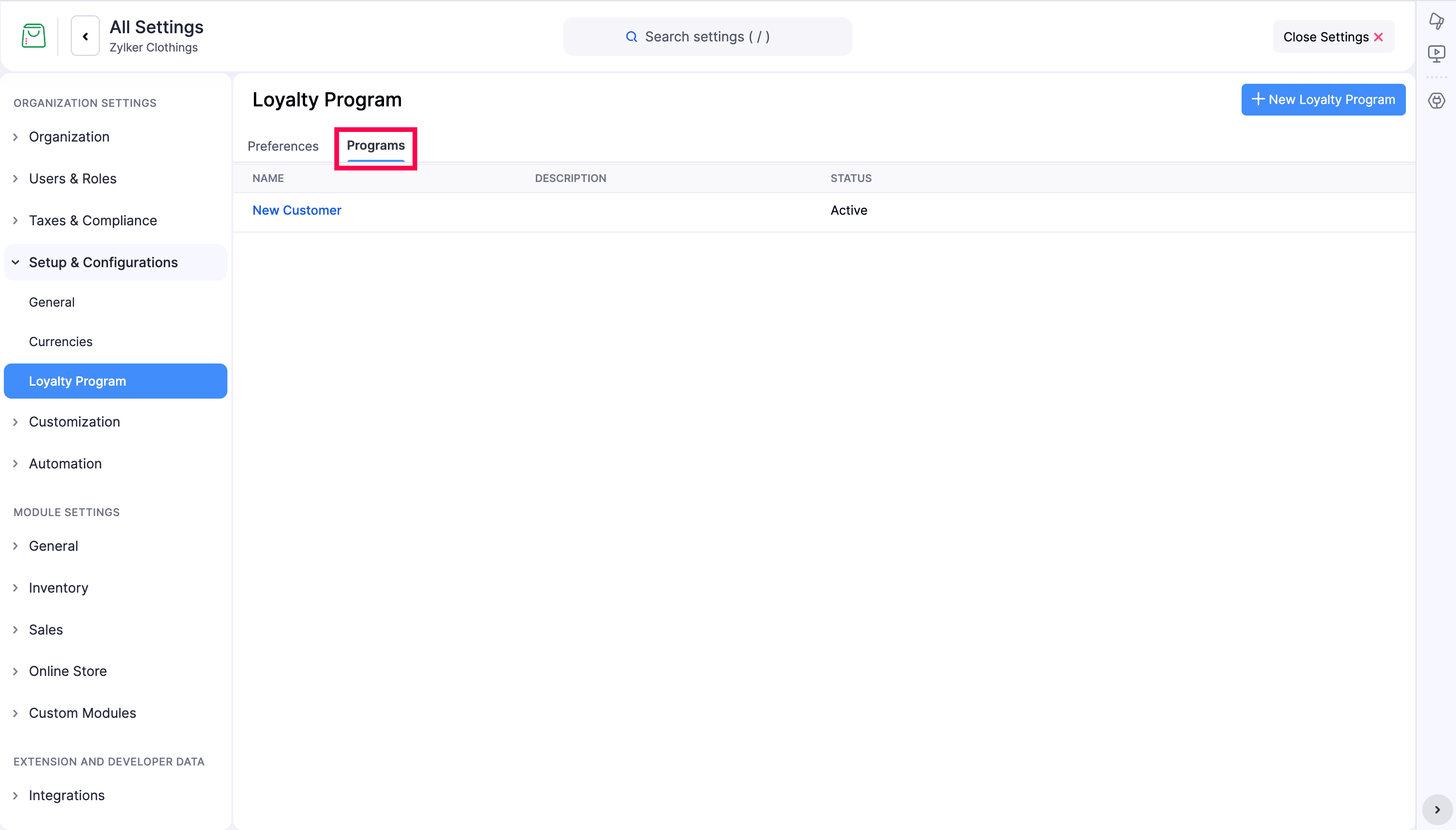 Loyalty Program Programs List tab