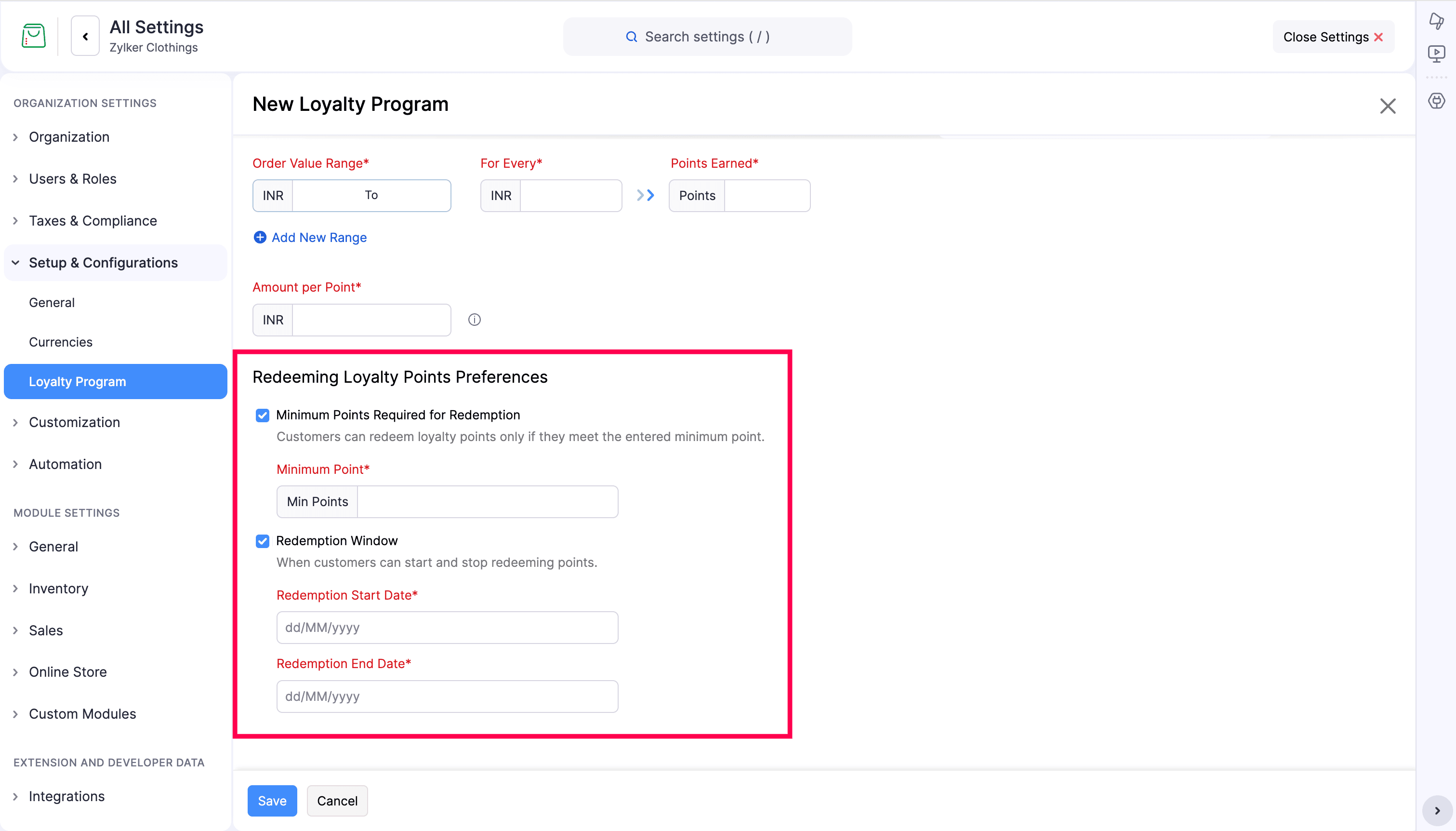 Redeeming Loyalty Points Preferences tab