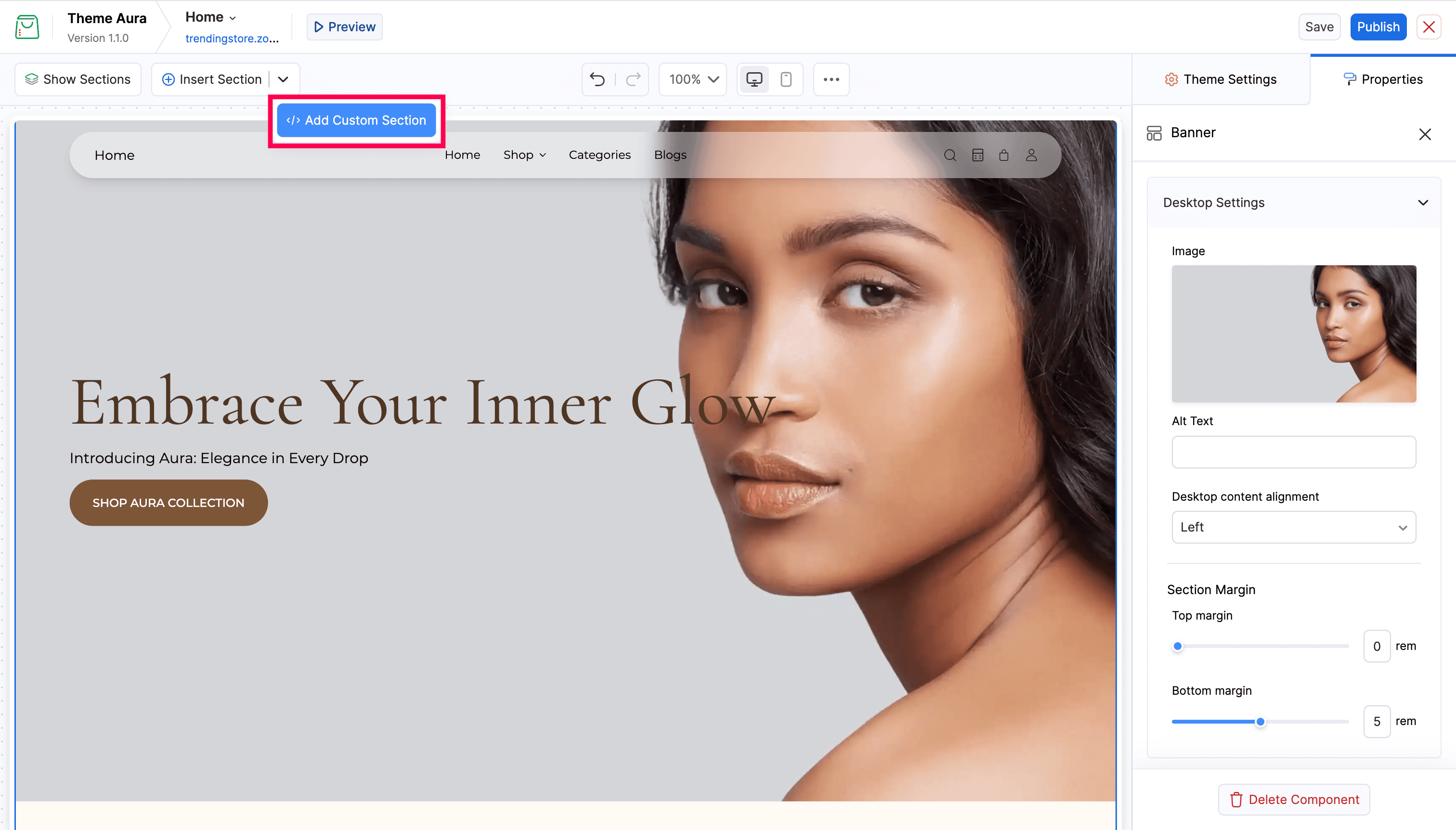 Insert Section dropdown with Add Custom Section option