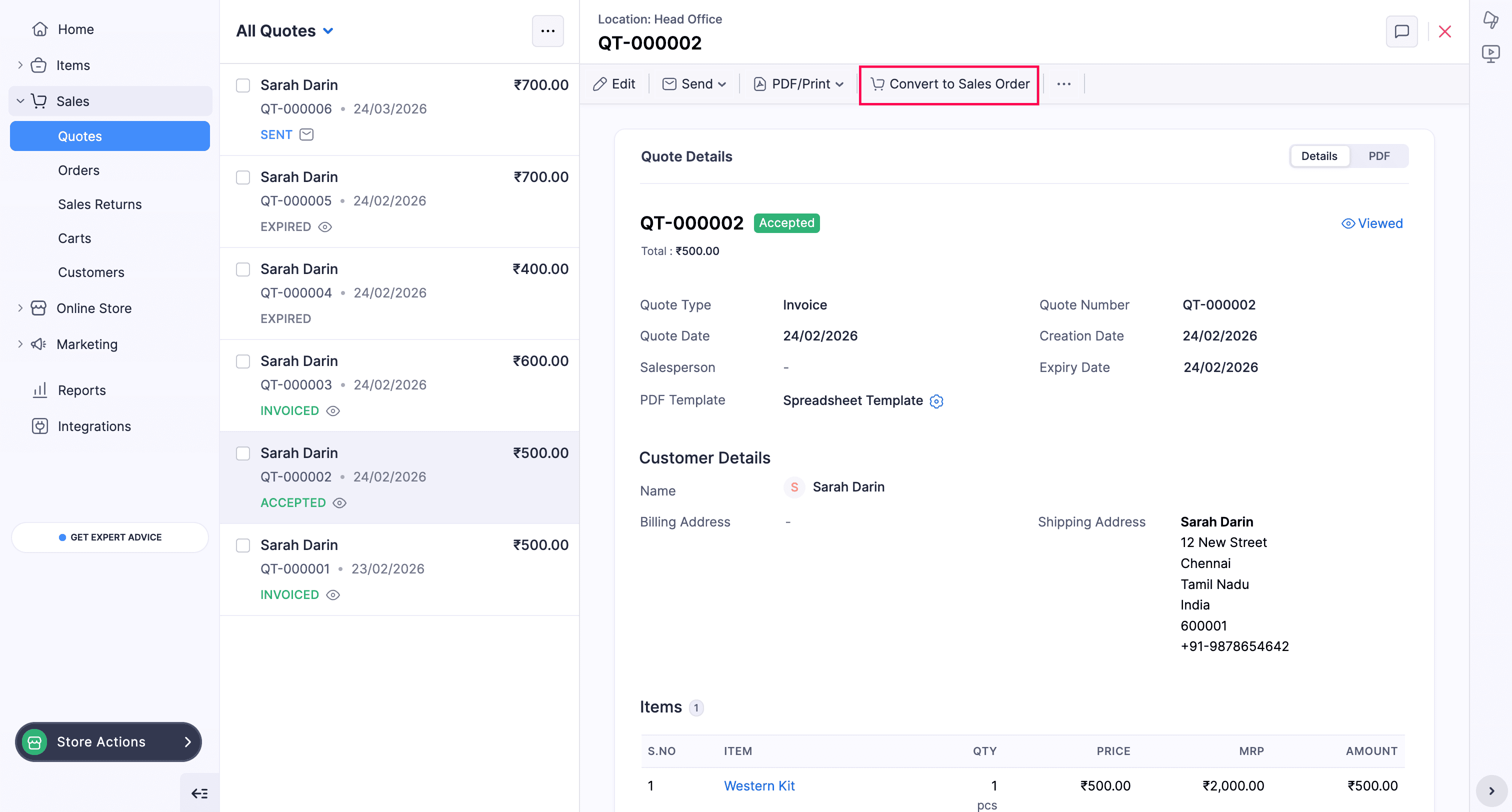 Convert quote to Sales Order