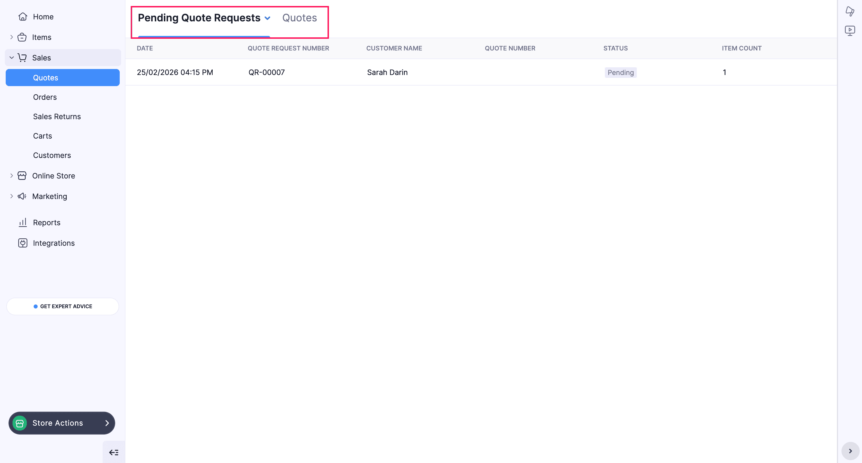 Pending Quote Request list