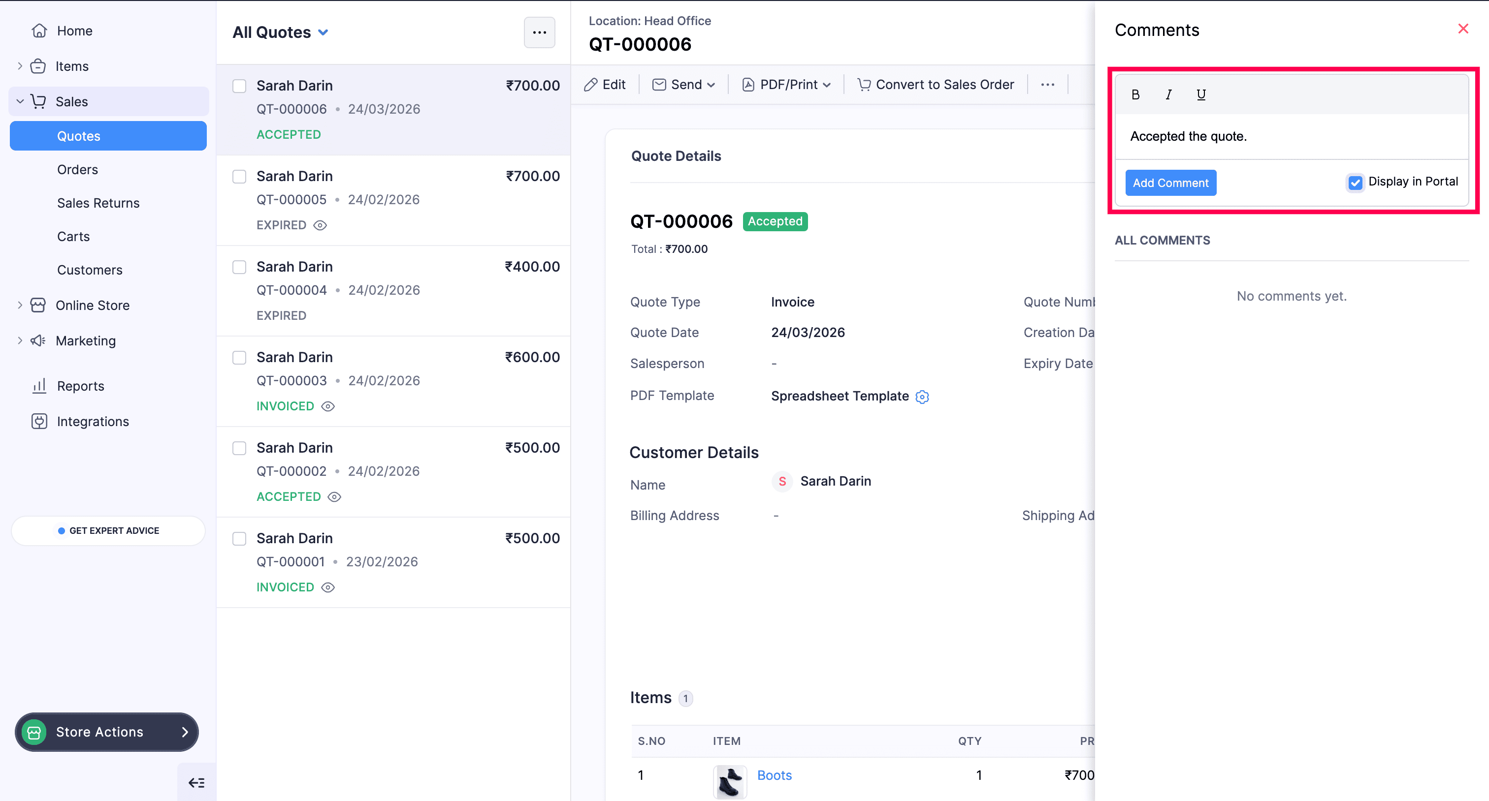 Add comment to quote