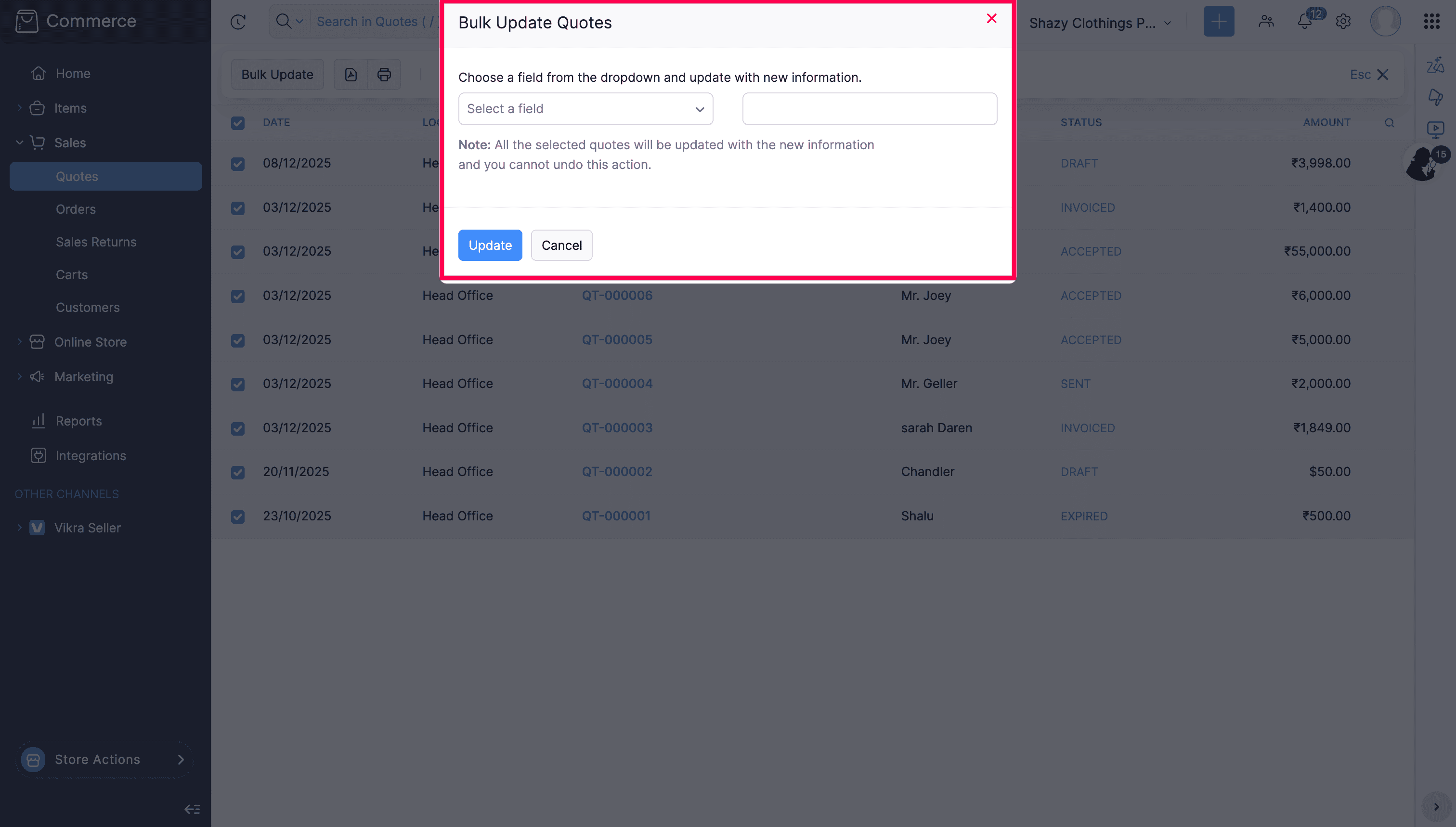 Bulk Update quotes