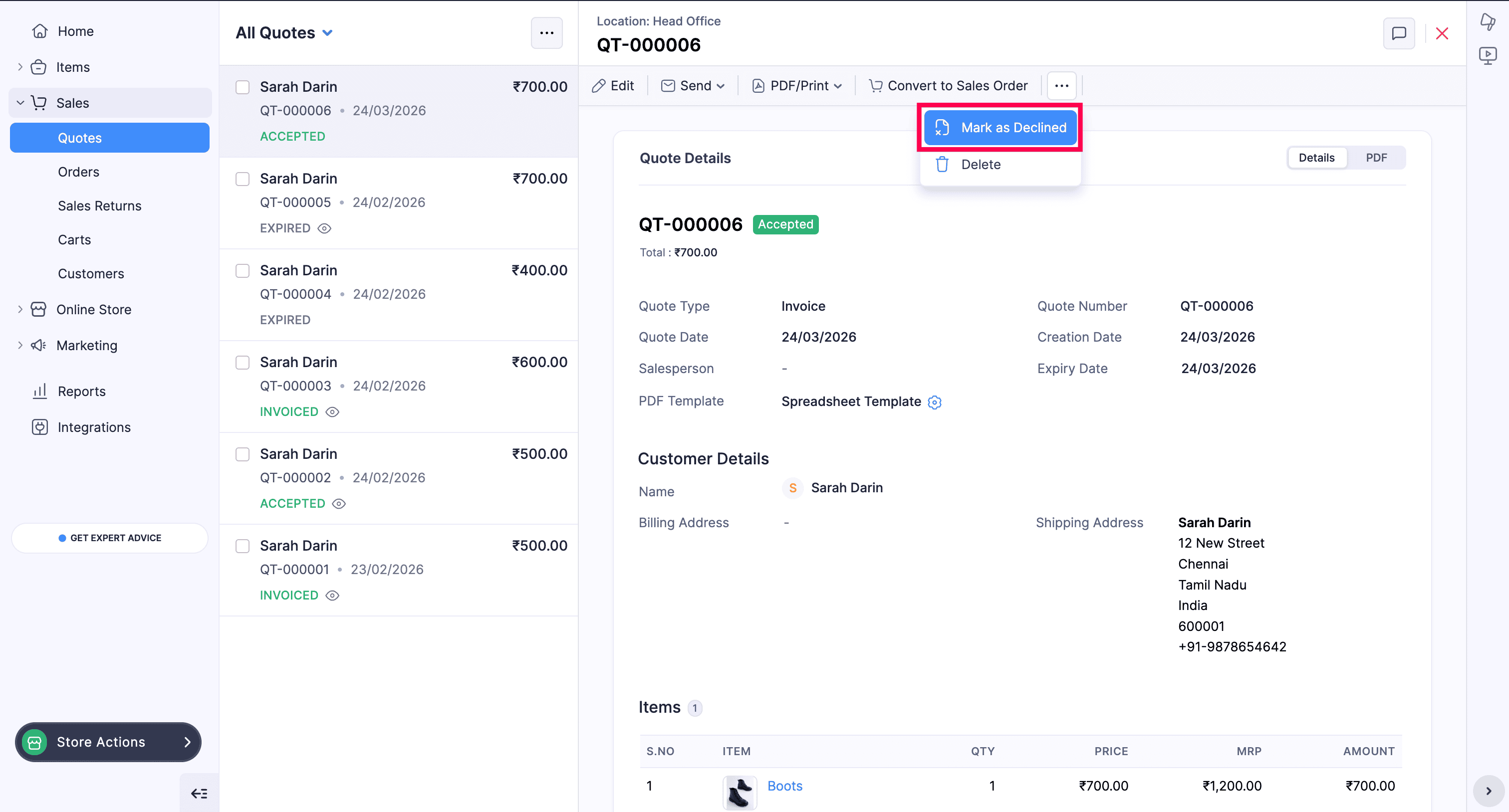 Mark quote as Declined