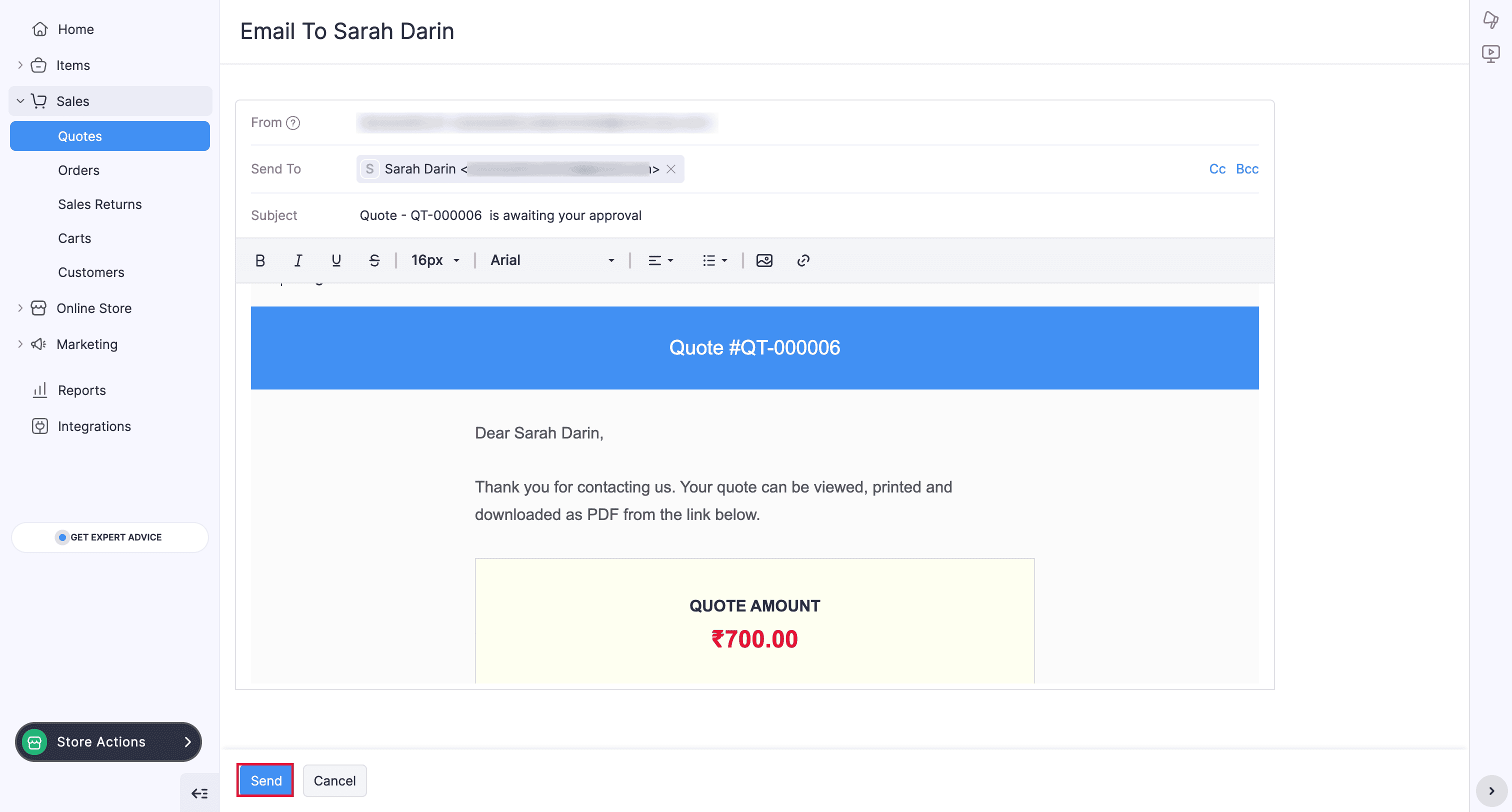 Quote email sent to customer