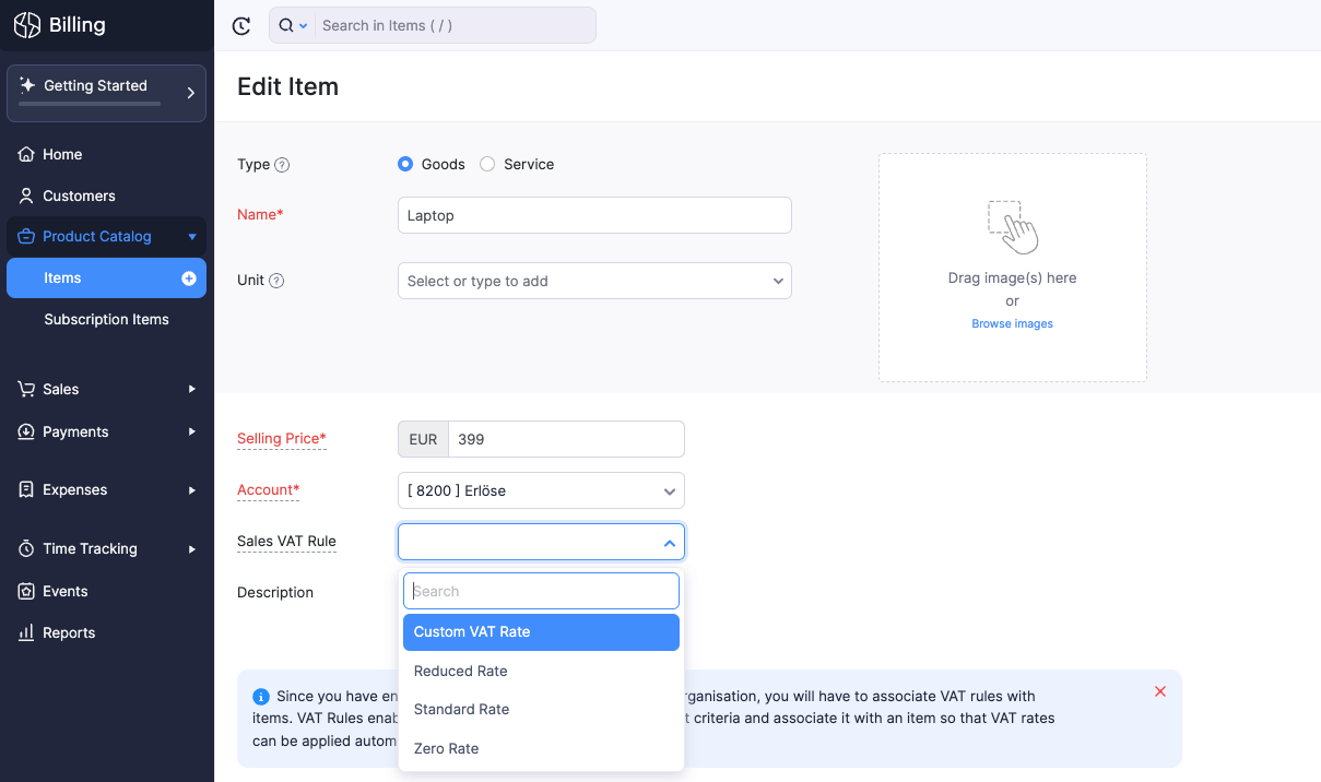 Assign VAT Rules to Items