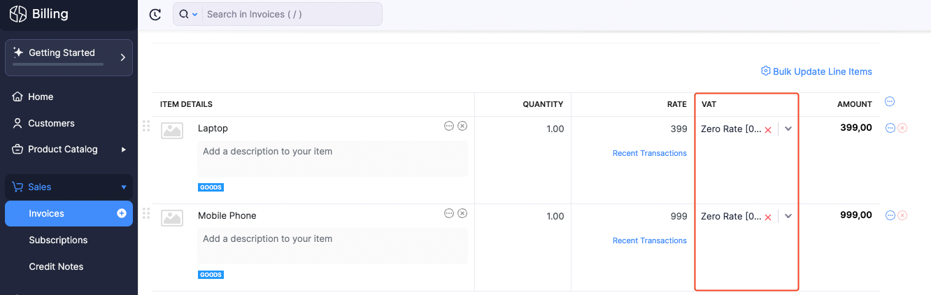 EU VAT Registered Item Table