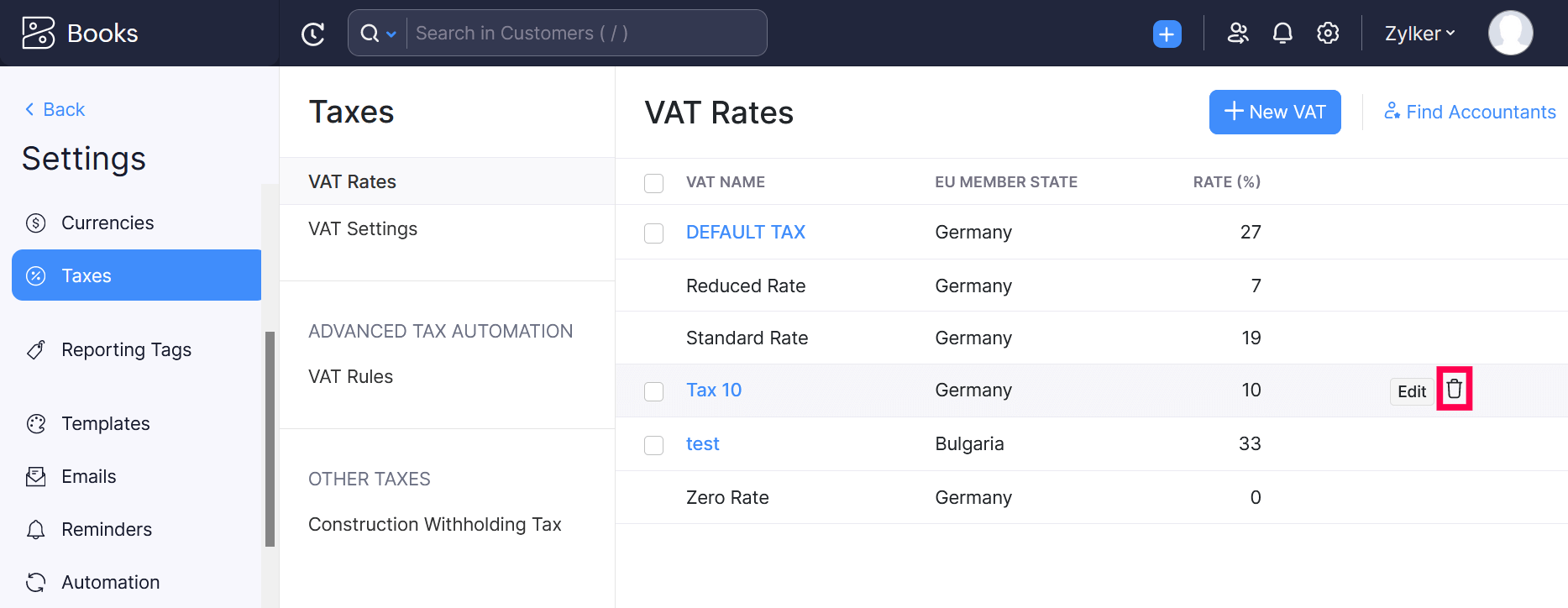 Delete VAT Rate