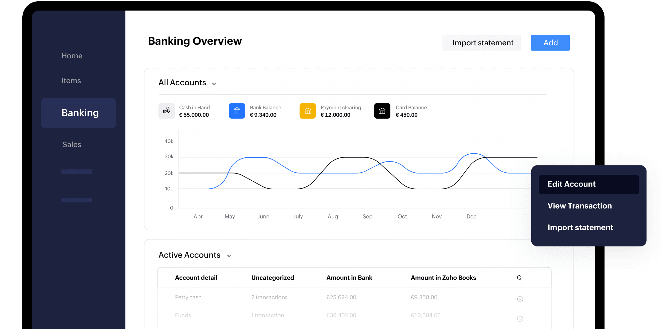 Zoho Books banking module seen on a screen with cash on hand, bank balance and other details plotted on a graph. Options to fetch bank feeds directly from bank and upload statments manually are also seen.