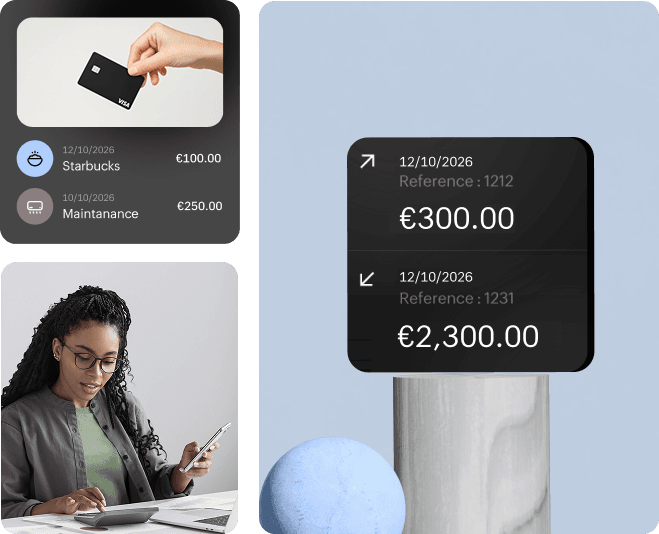 Lockup of a person checking bank statements, and a stylized image of line items from a bank feed.