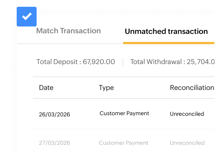 List shows unmatched transactions and unreconciled bank statements.
