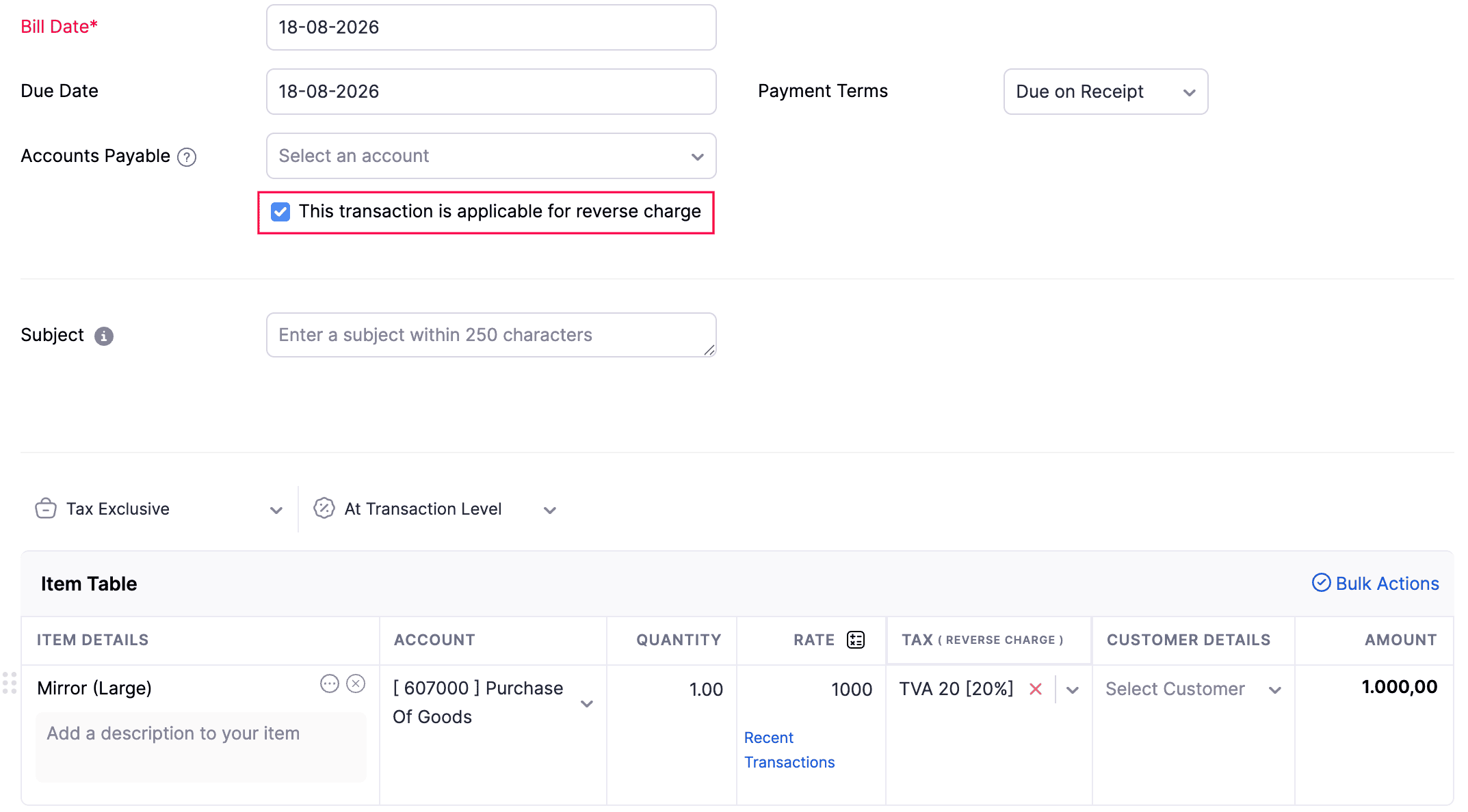 Apply Reverse Charge to a Purchase Transaction