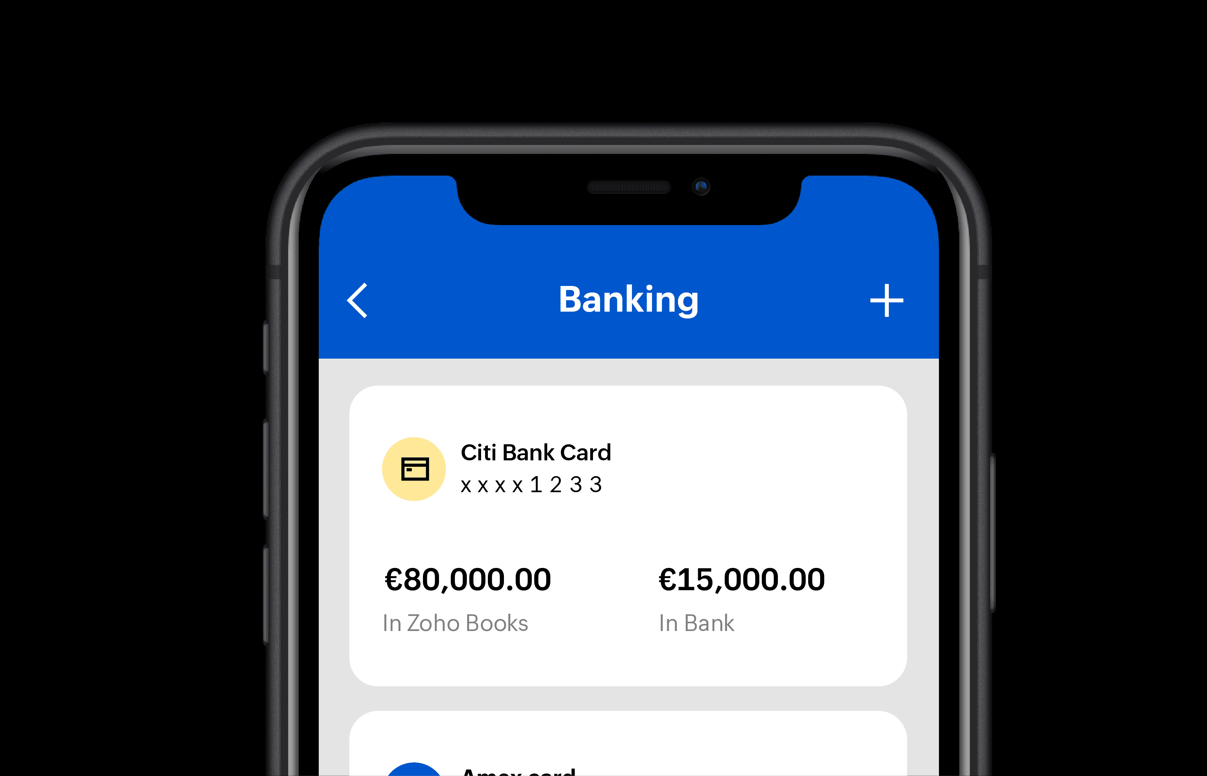 Zoho Books mobile app interface shows the banking module