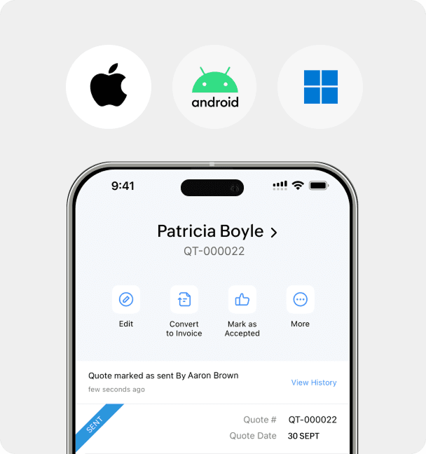 Mobile interface from the Zoho Books app that's available on Android, iOS, Windows displays a quote with options for quick actions