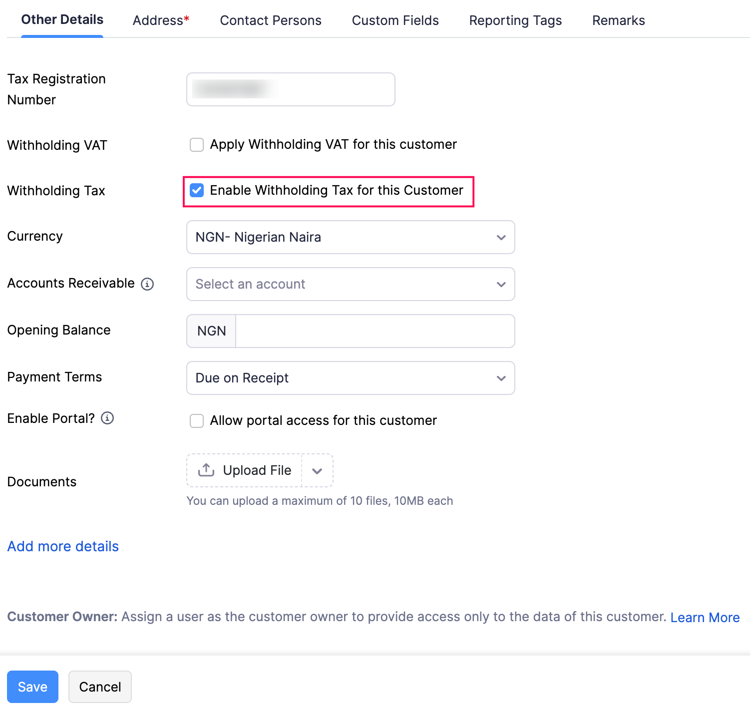 Enable Withholding Tax for Customer